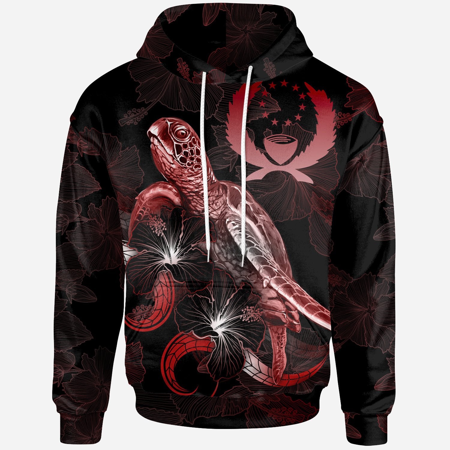 Pohnpei Polynesian Hoodie Turtle With Blooming Hibiscus Red Unisex Red - Polynesian Pride