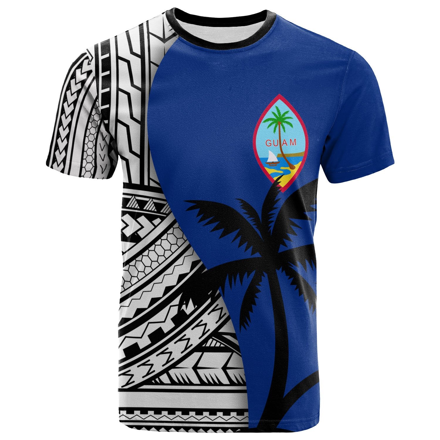 Guam T Shirt Coat of Arm and Polynesian Patterns Unisex Blue - Polynesian Pride