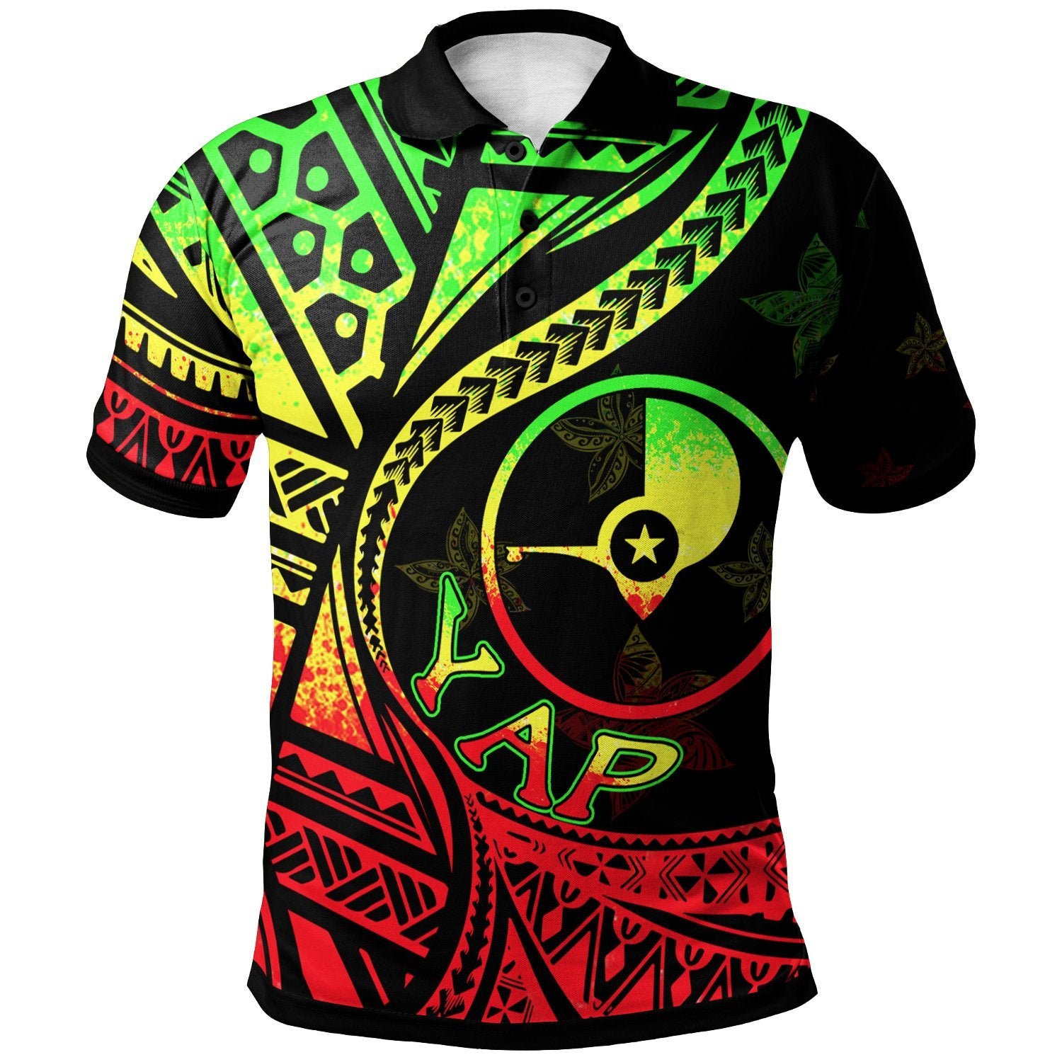 Yap Polo Shirt Plumeria Flowers Reggae Version Unisex Black - Polynesian Pride