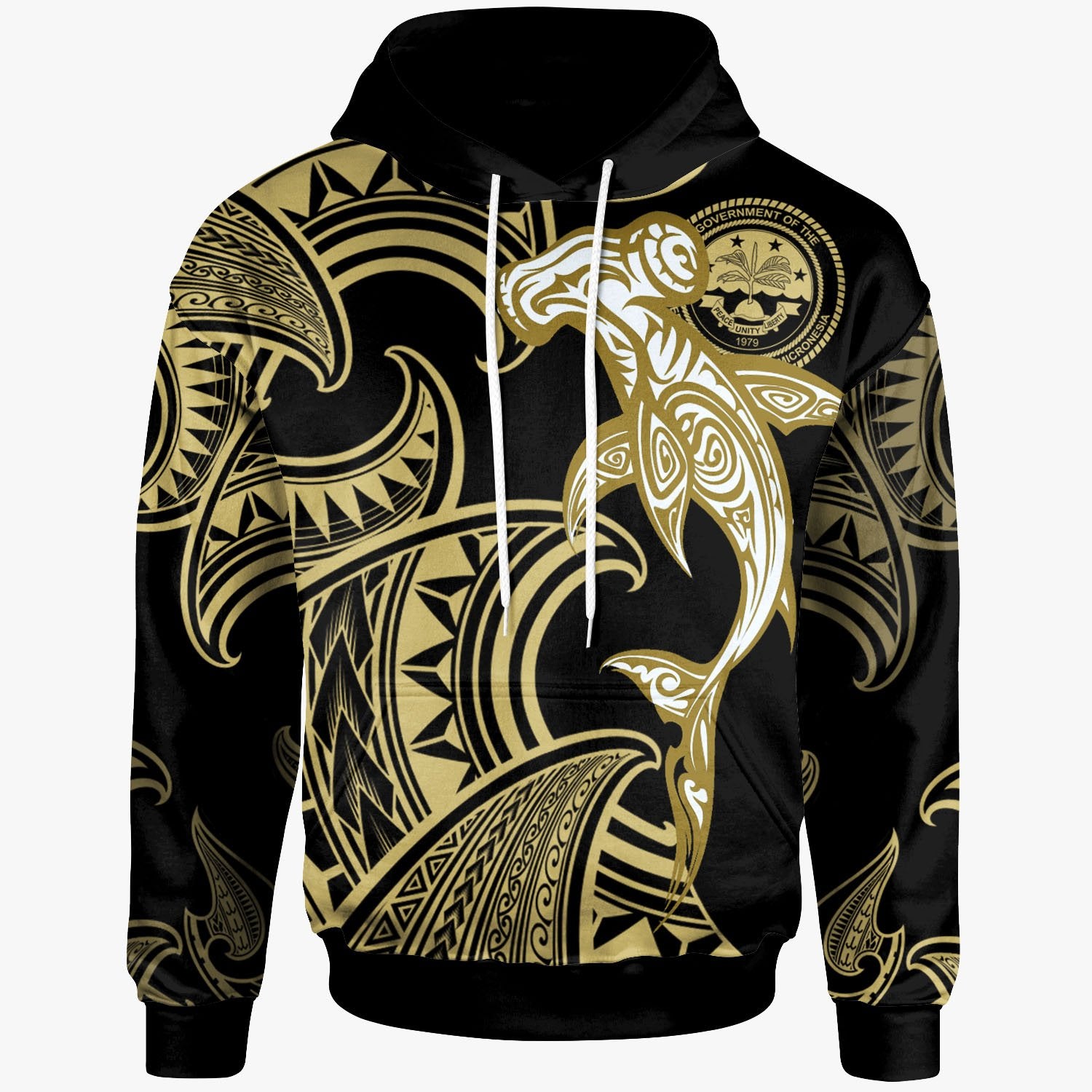Federated States of Micronesia Hoodie Hammerhead Shark Tribal Pattern Gold - Polynesian Pride