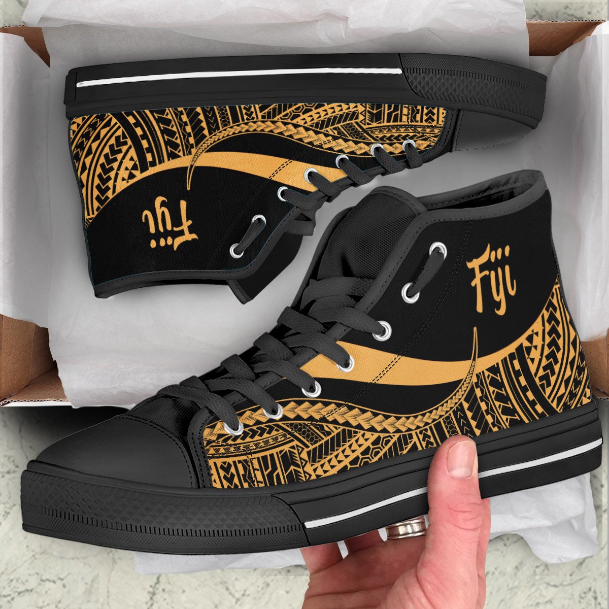 Fiji High Top Shoes Gold - Polynesian Tentacle Tribal Pattern Crest Unisex Black - Polynesian Pride