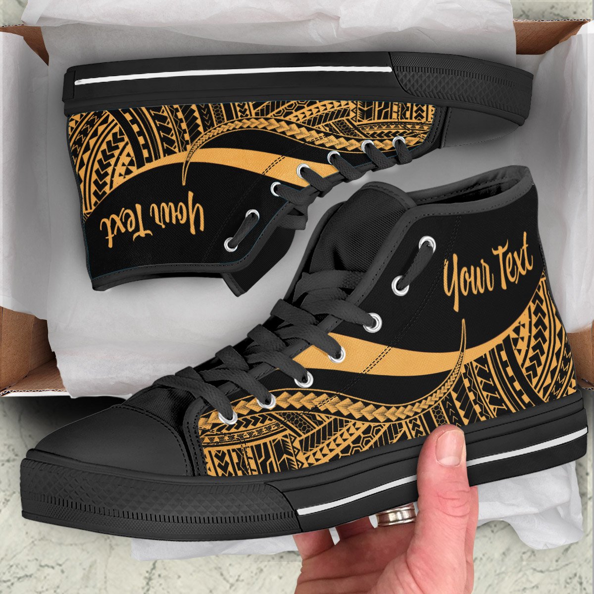 Kosrae Custom Personalised High Top Shoes Gold - Polynesian Tentacle Tribal Pattern Unisex Black - Polynesian Pride