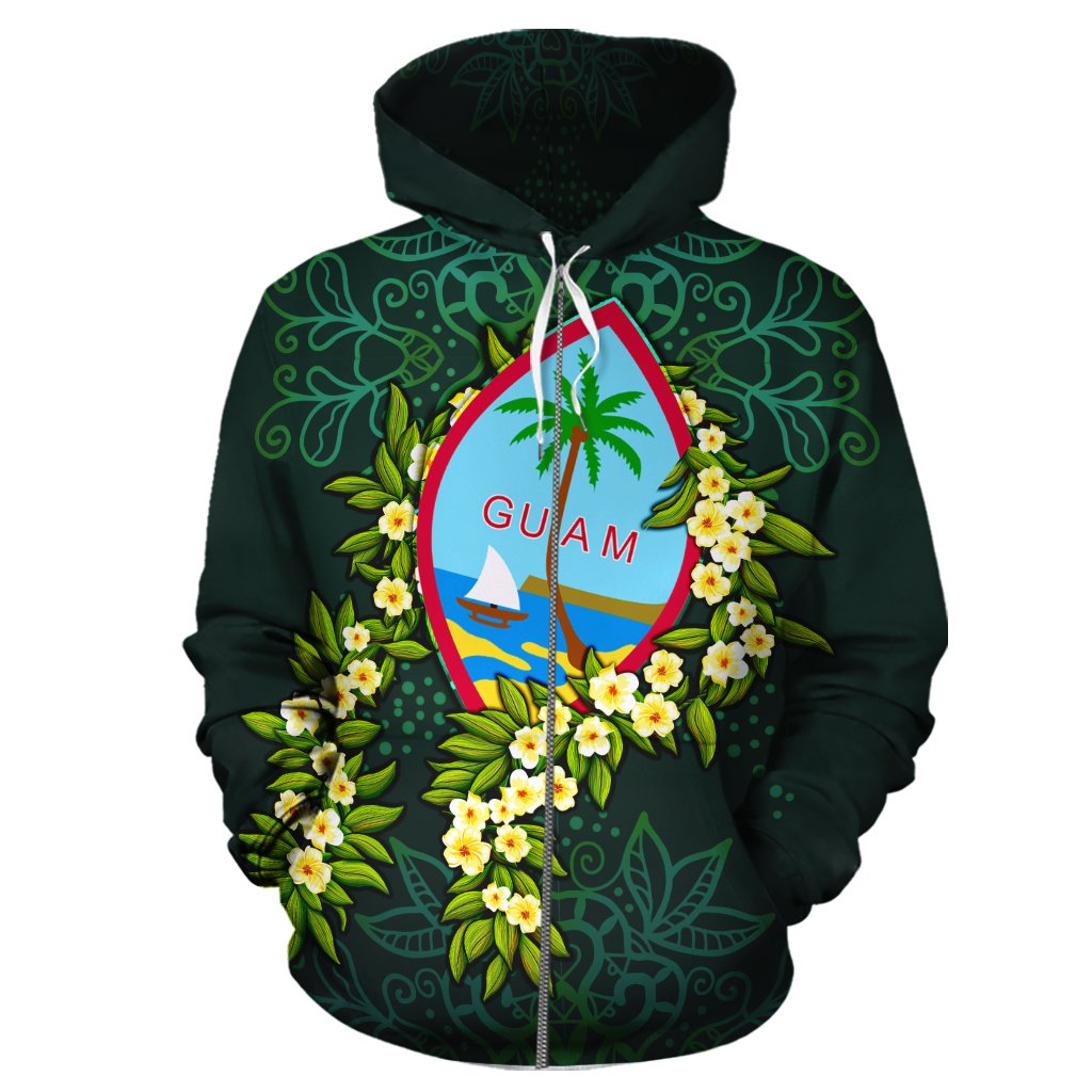 Guam Polynesian Zip up Hoodie Ti Leaf Lei Turtle - Polynesian Pride