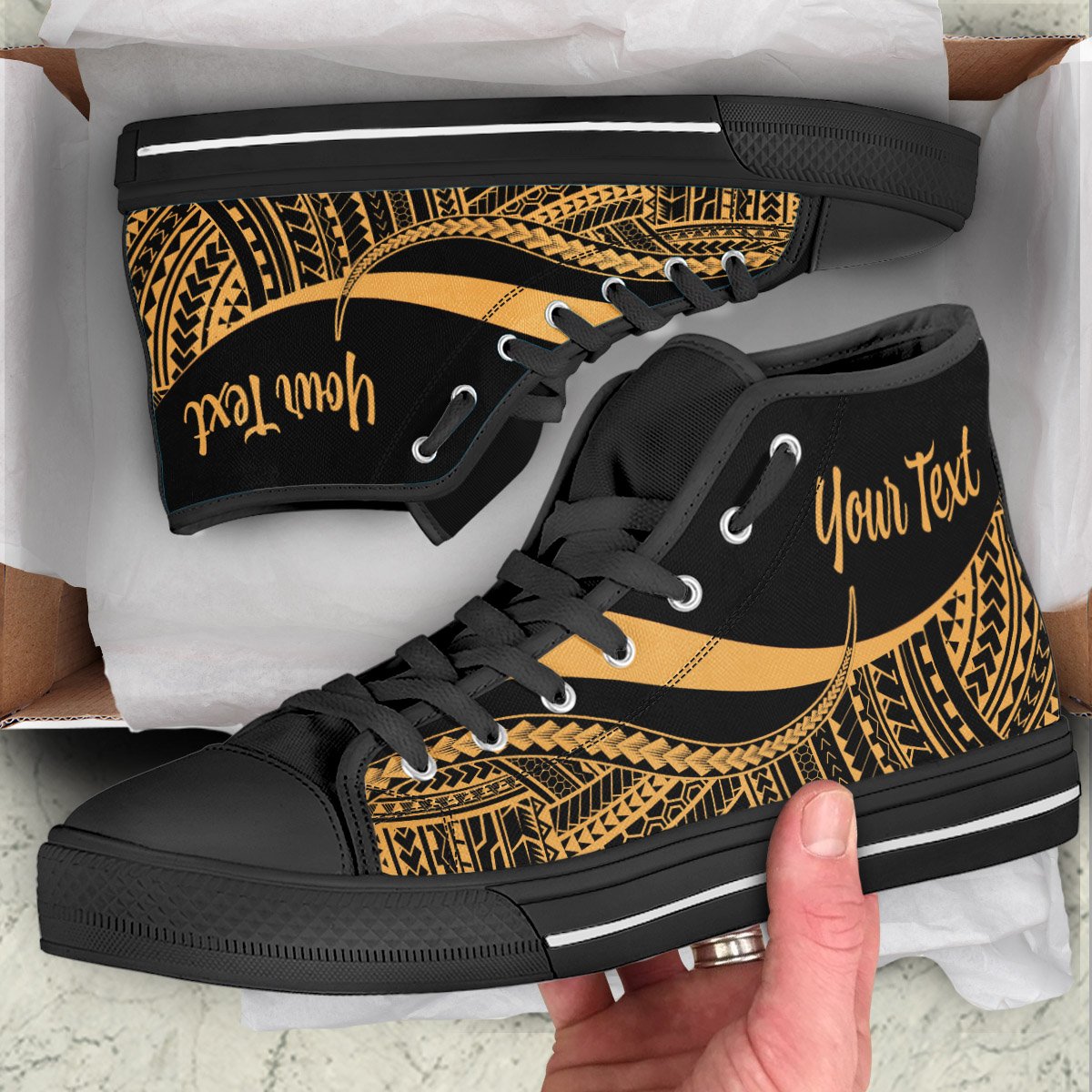 Tonga Custom Personalised High Top Shoes Gold - Polynesian Tentacle Tribal Pattern Unisex Black - Polynesian Pride