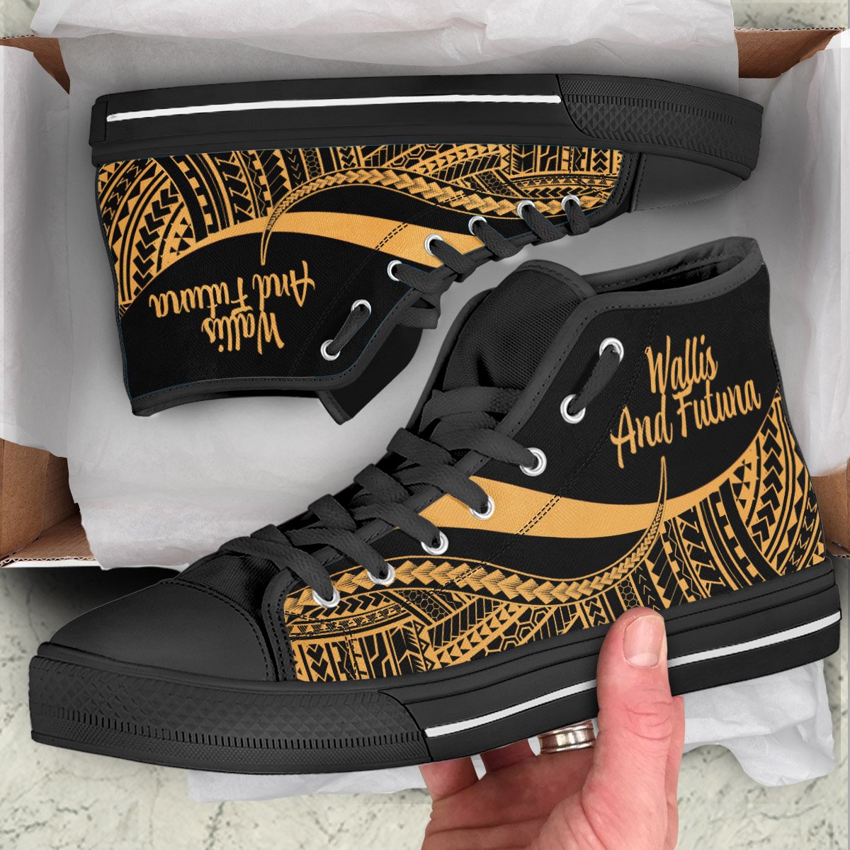 Wallis And Futuna High Top Shoes Gold - Polynesian Tentacle Tribal Pattern Unisex Black - Polynesian Pride