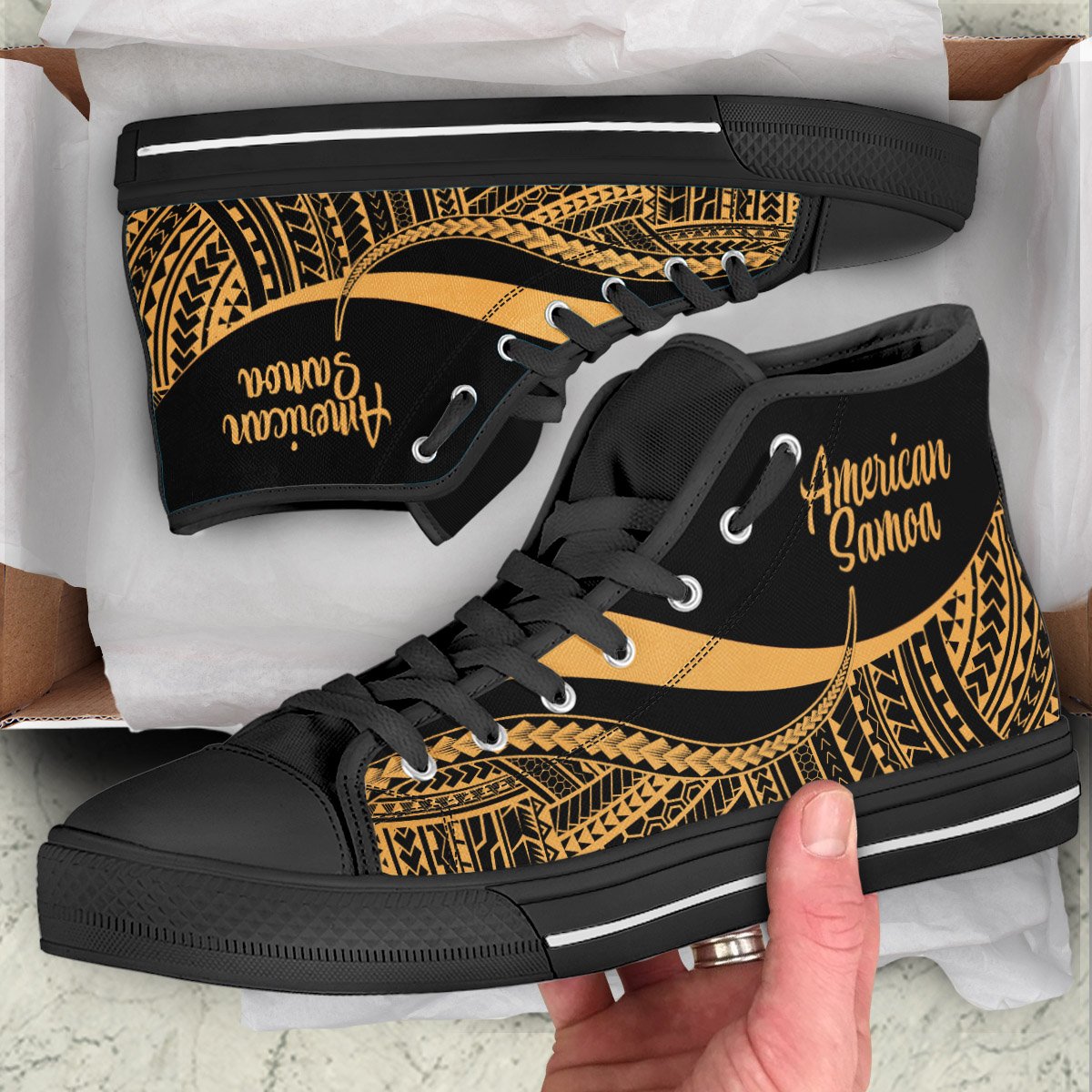 American Samoa High Top Shoes Gold - Polynesian Tentacle Tribal Pattern Unisex Black - Polynesian Pride