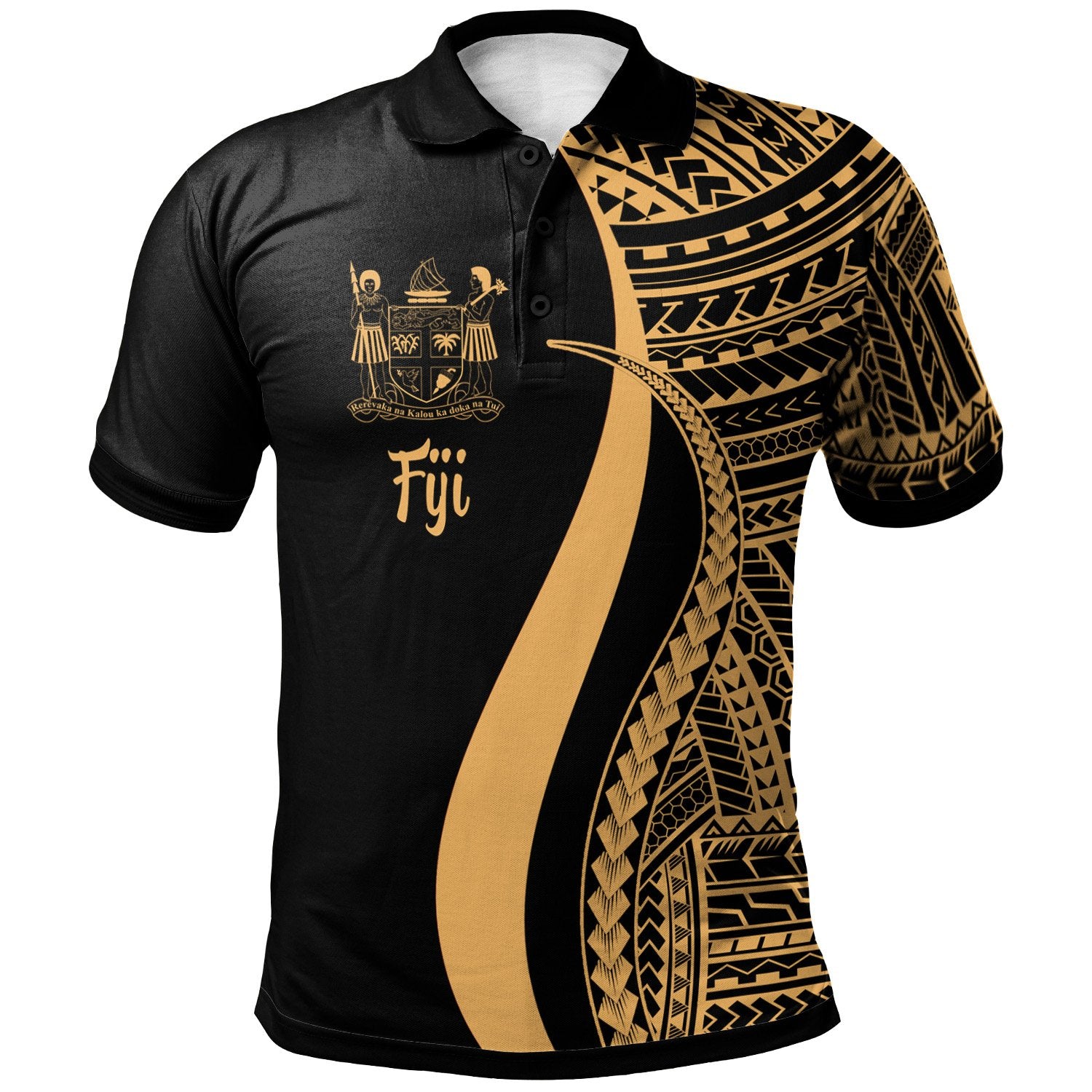 Fiji Polo Shirt Gold Polynesian Tentacle Tribal Pattern Crest Unisex Gold - Polynesian Pride