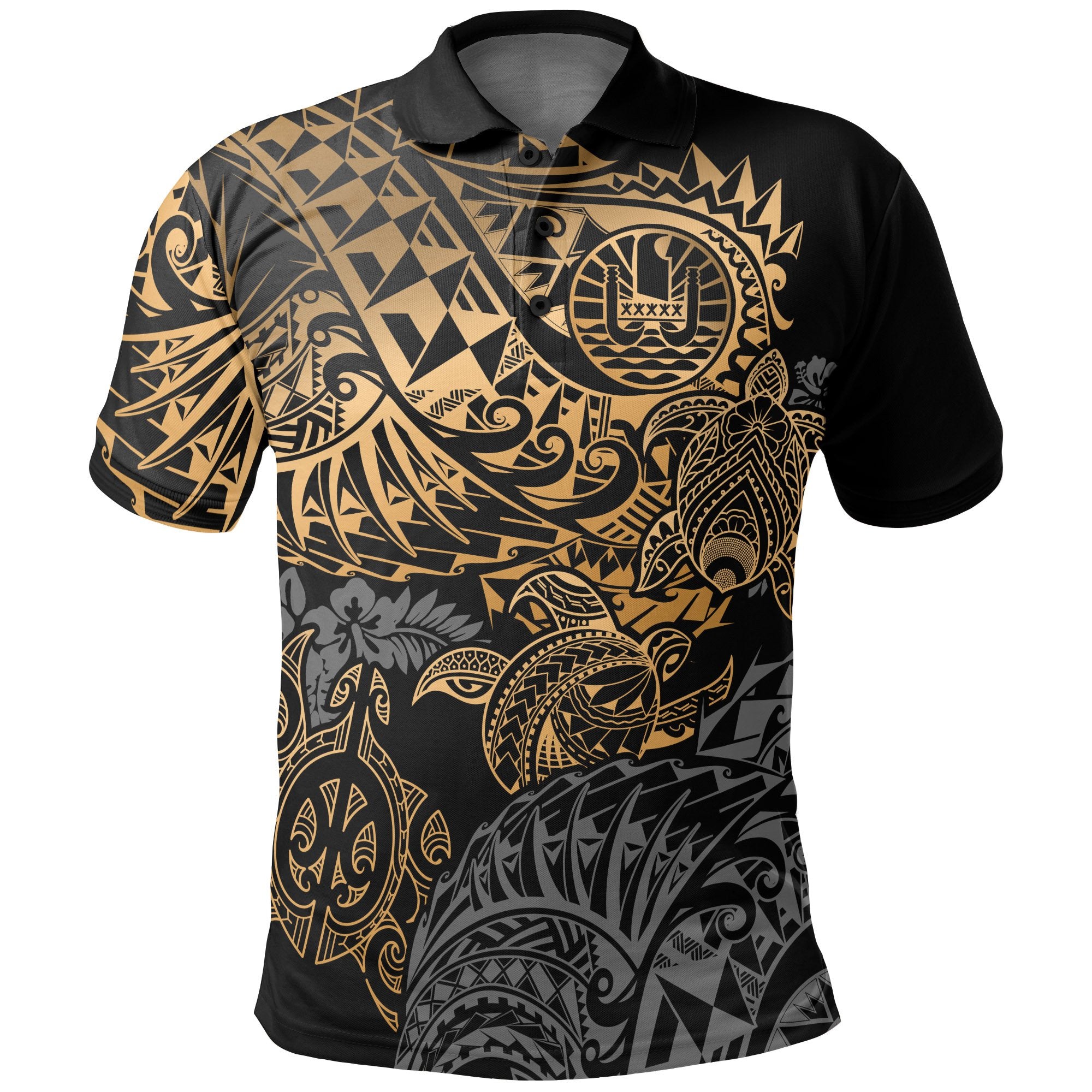 Tahiti Polynesian Polo Shirt Gold Turtle Hibiscus Flowing Unisex GOLD - Polynesian Pride