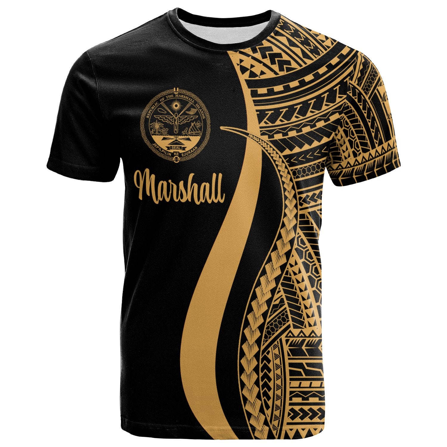 Marshall Islands T Shirt Gold Polynesian Tentacle Tribal Pattern Crest Unisex Gold - Polynesian Pride