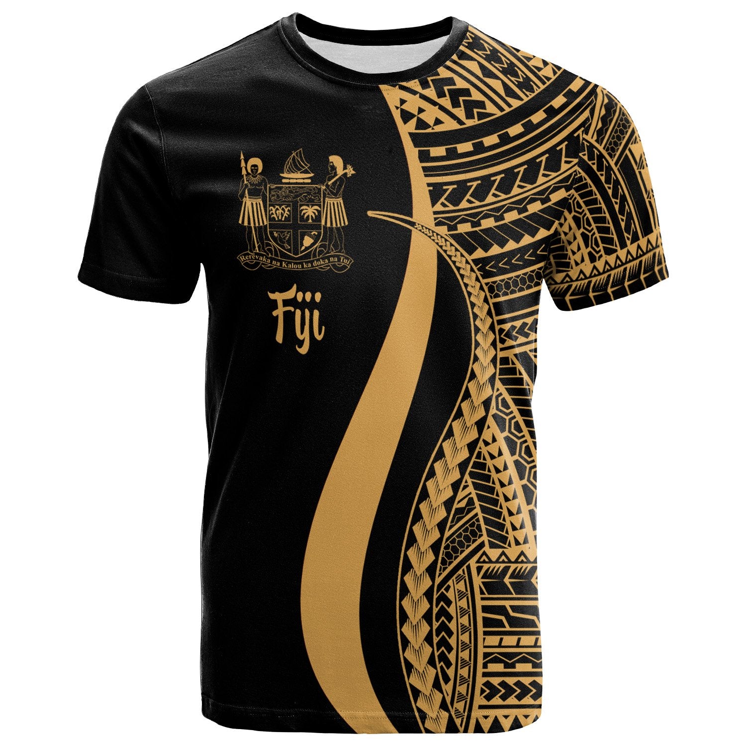 Fiji T Shirt Gold Polynesian Tentacle Tribal Pattern Crest Unisex Gold - Polynesian Pride