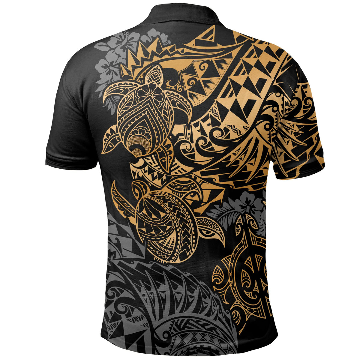 Tahiti Polynesian Polo Shirt Gold Turtle Hibiscus Flowing - Polynesian Pride