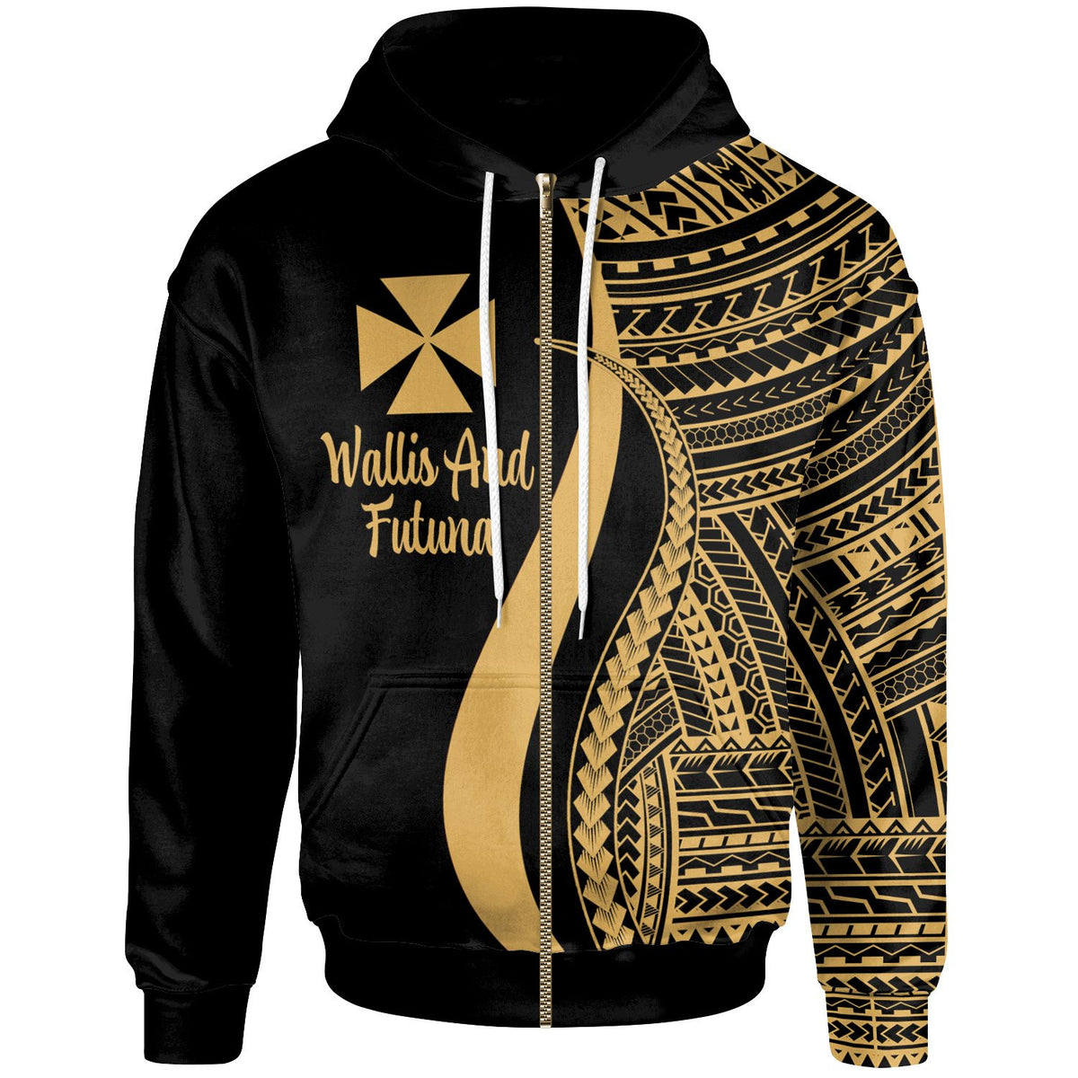 Wallis and Futuna Zip up Hoodie Gold Tentacle Tribal Pattern Unisex Gold - Polynesian Pride