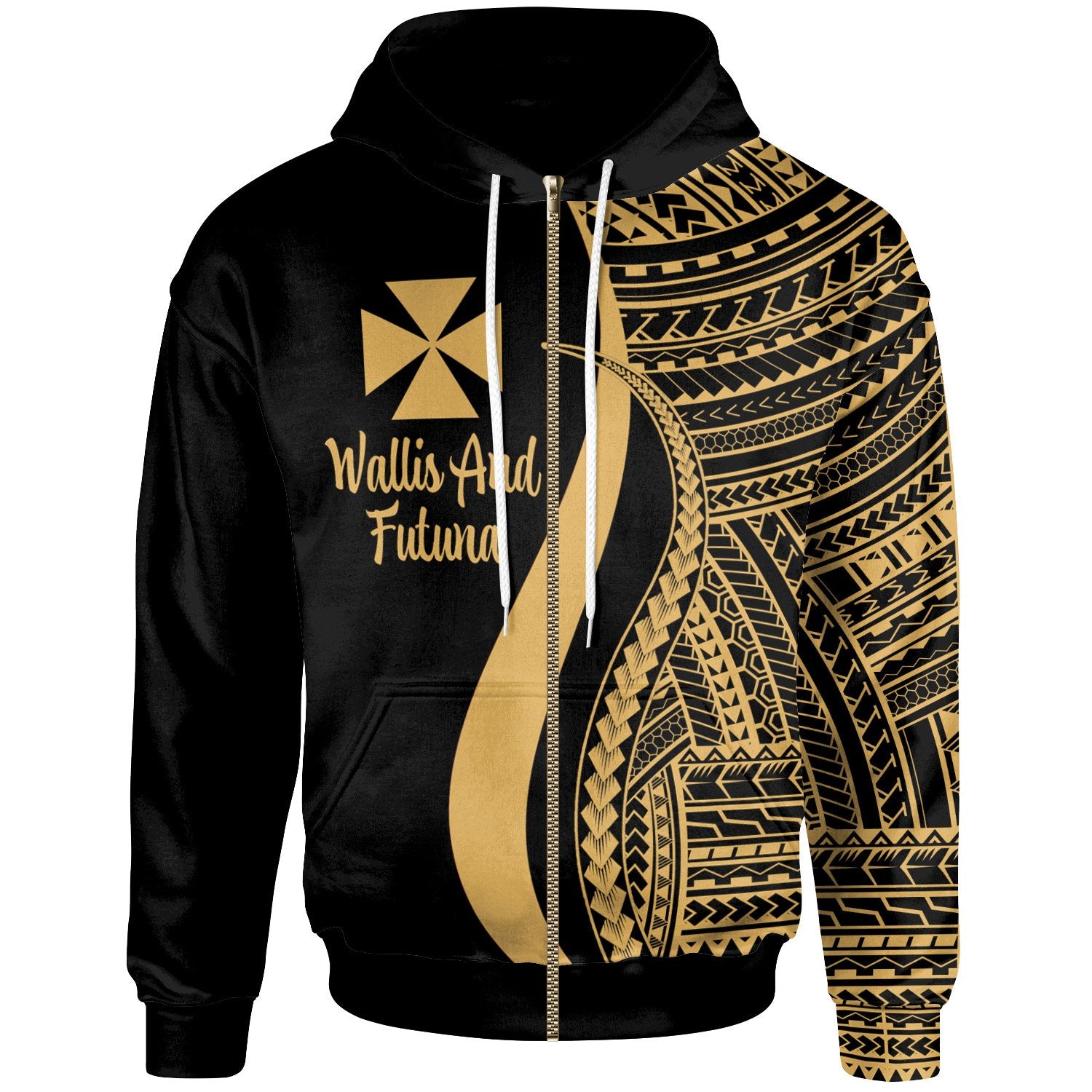 Wallis and Futuna Zip up Hoodie Gold Tentacle Tribal Pattern Unisex Gold - Polynesian Pride