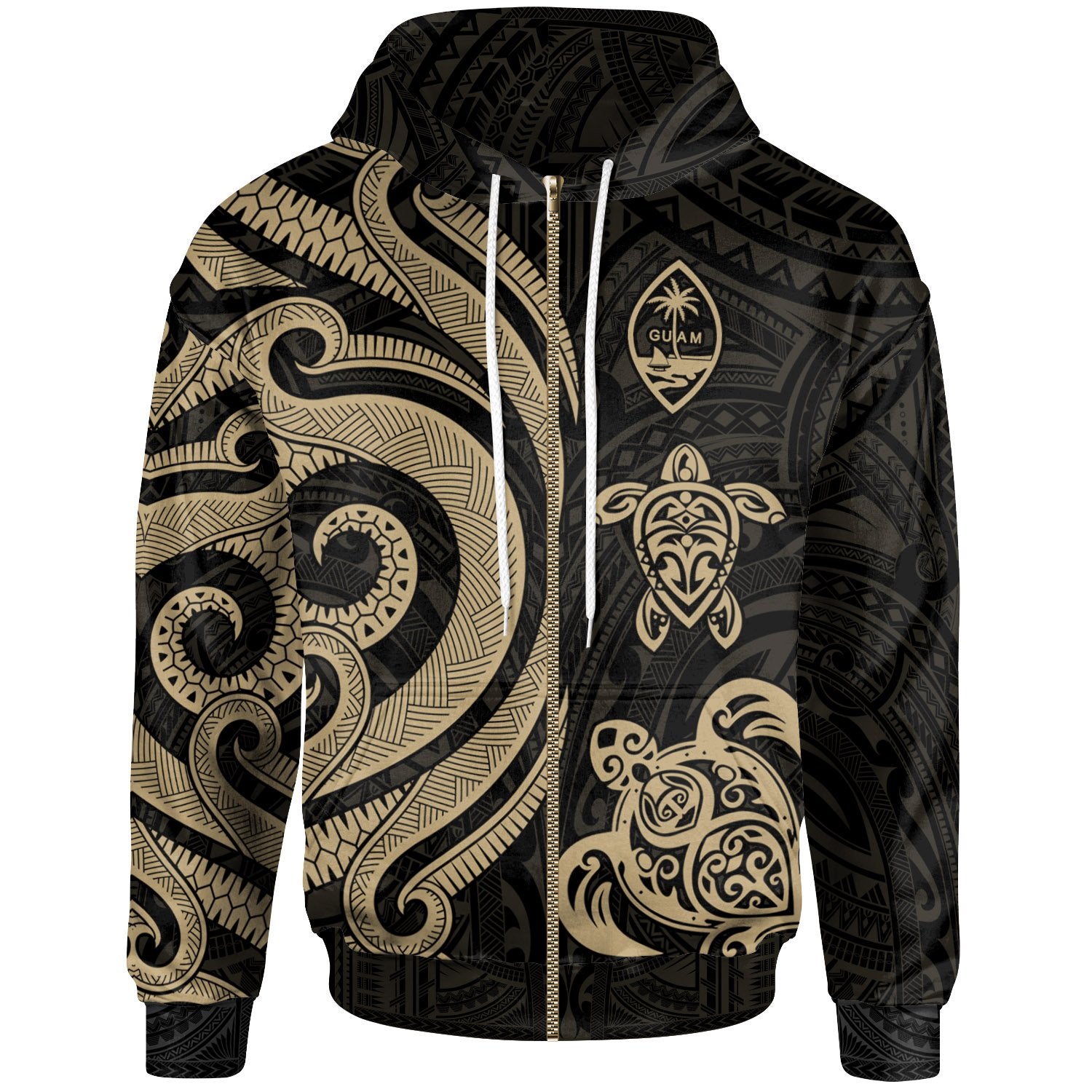 Guam Polynesian Zip up Hoodie Gold Tentacle Turtle Unisex Gold - Polynesian Pride