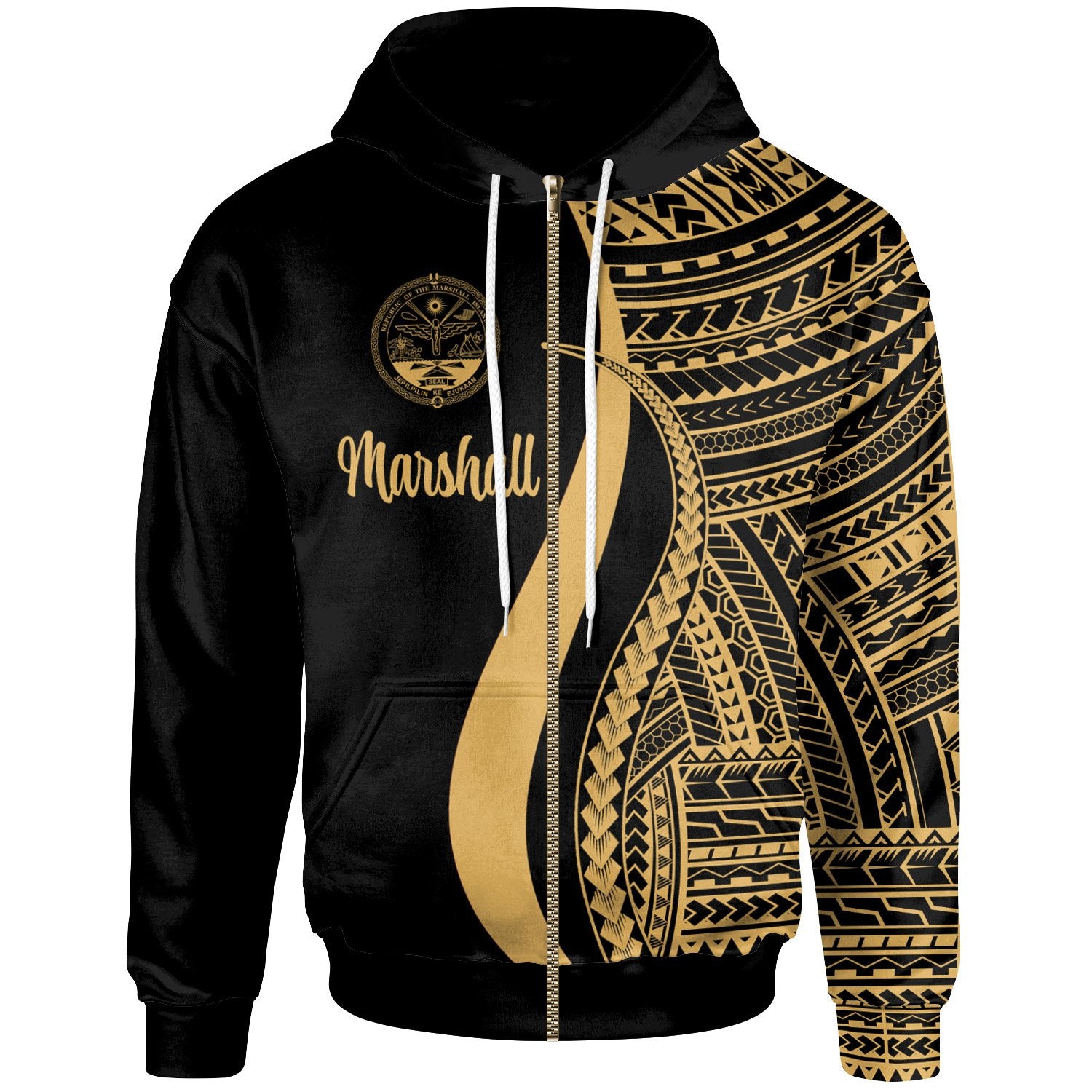 Marshall Islands Zip up Hoodie Gold Tentacle Tribal Pattern Crest Unisex Blue - Polynesian Pride