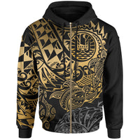 Tahiti Polynesian Zip up Hoodie Gold Turtle Hibiscus Flowing Unisex GOLD - Polynesian Pride
