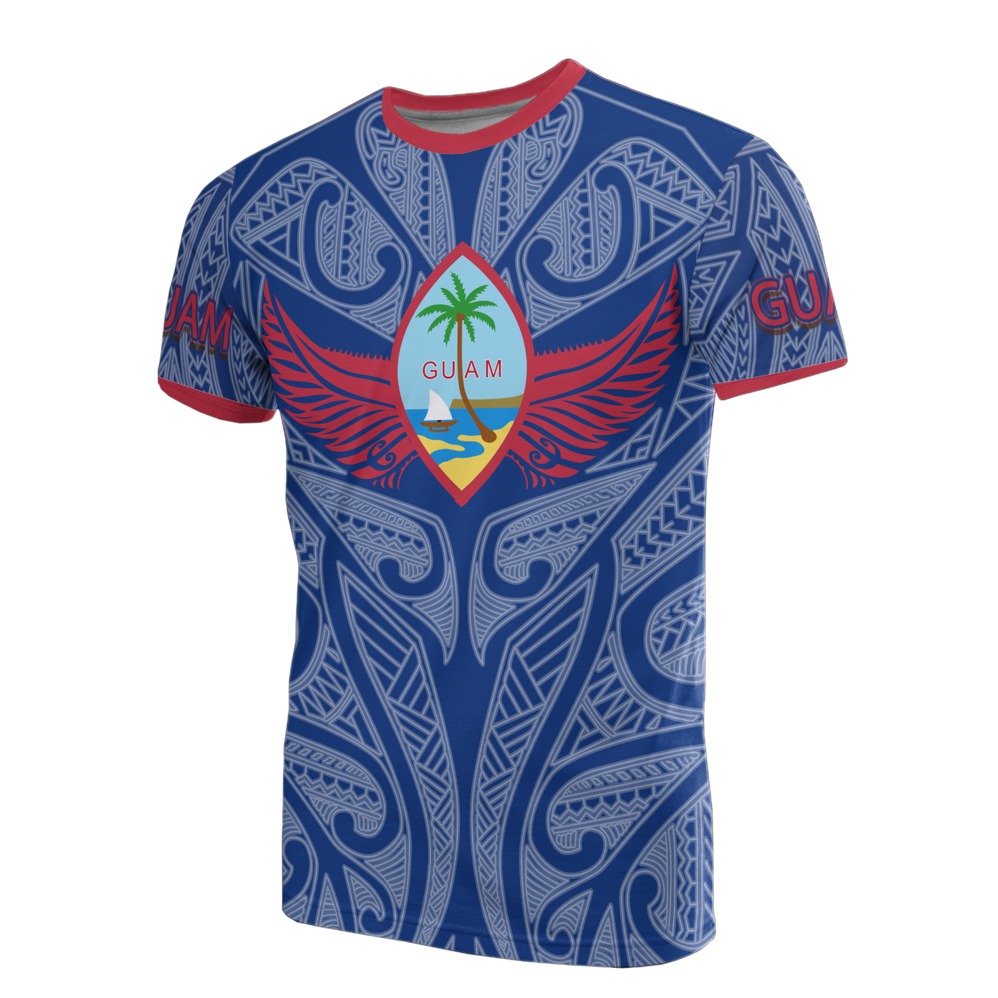 Guam T Shirt Guam Flag Coat of Arms Wings Style Unisex Blue - Polynesian Pride