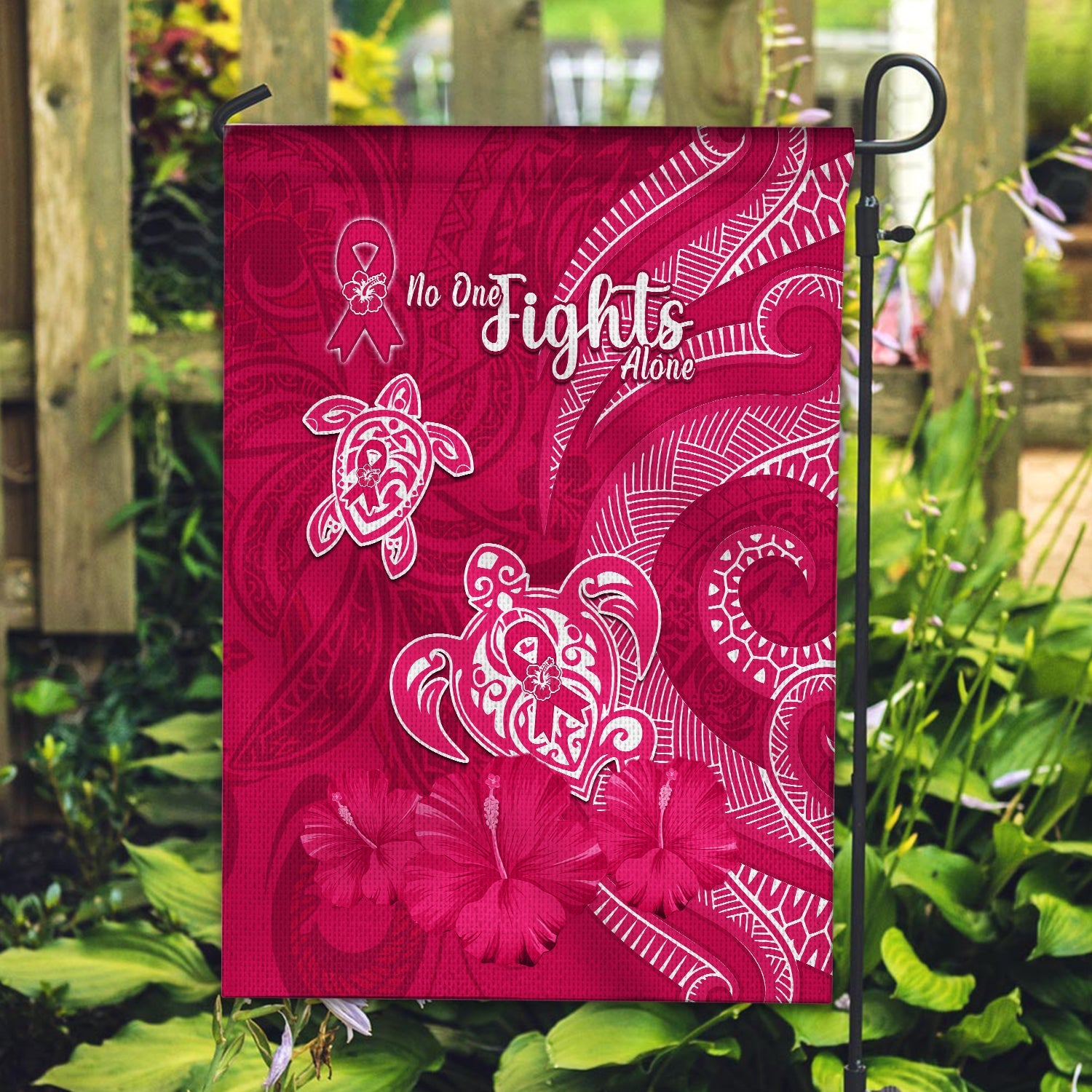 Breast Cancer Awareness Flag Hibiscus Polynesian No One Fights Alone LT13 - Polynesian Pride