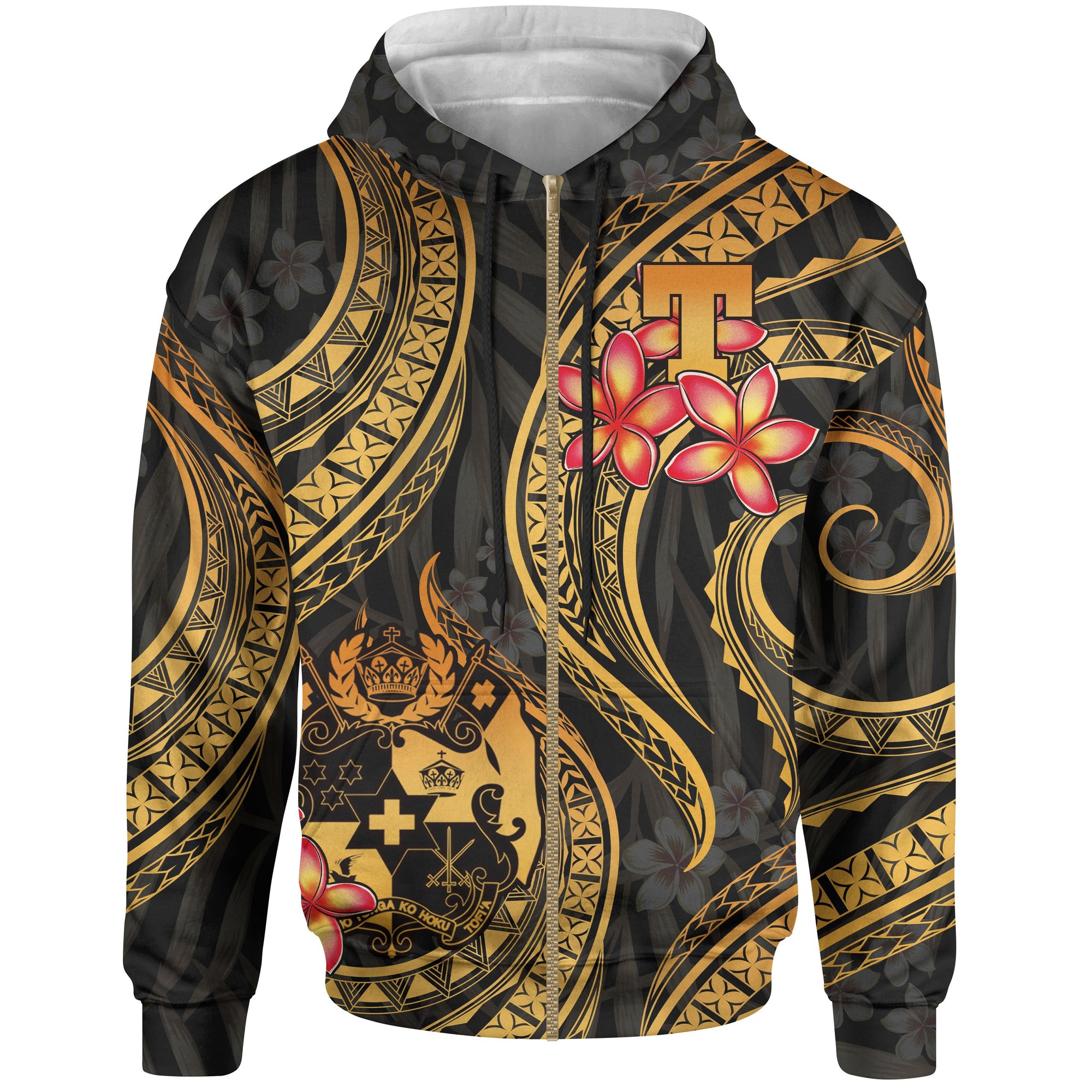 Tonga Polynesian Zip up Hoodie Gold Plumeria Unisex GOLD - Polynesian Pride