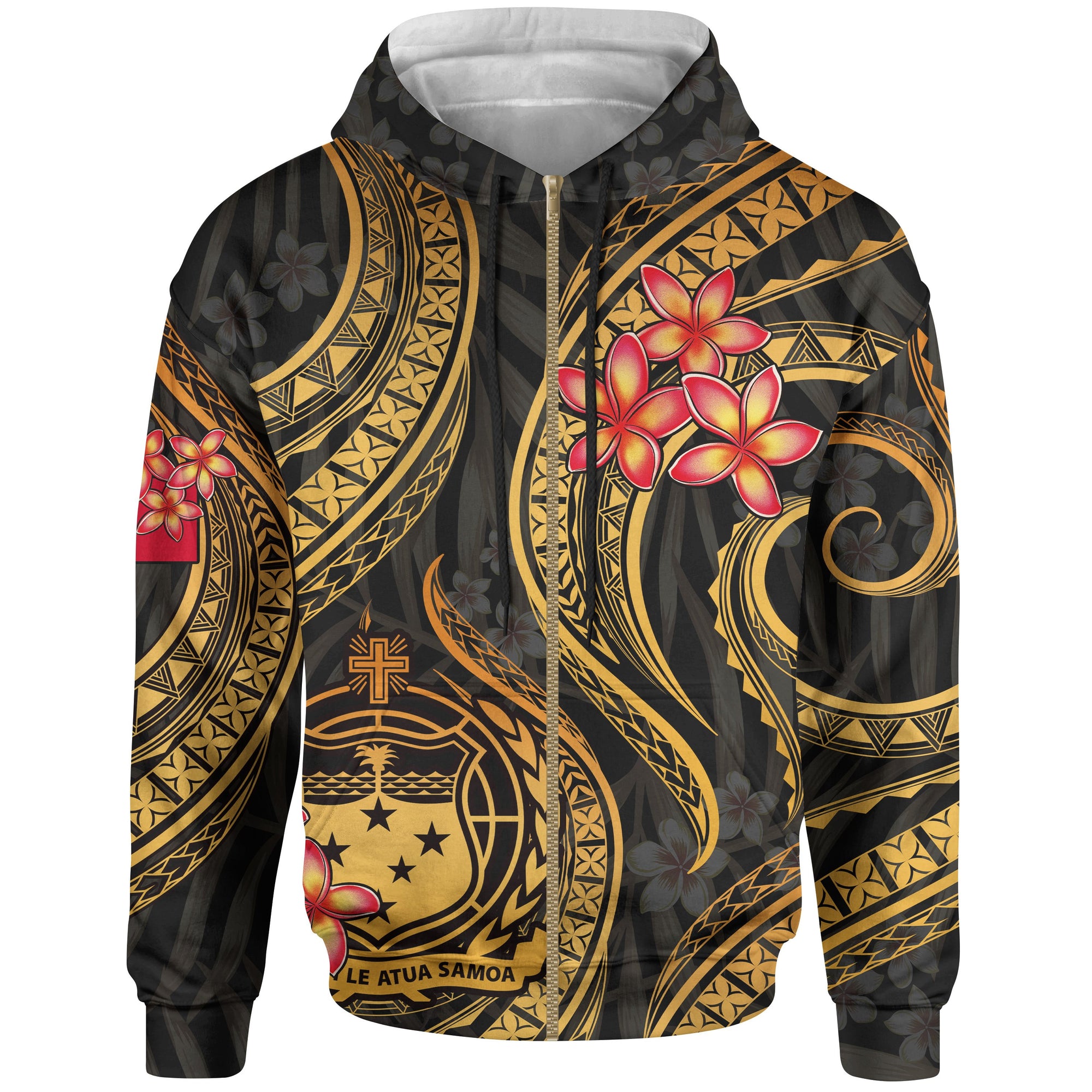 Samoa Polynesian Zip up Hoodie Gold Plumeria Unisex GOLD - Polynesian Pride