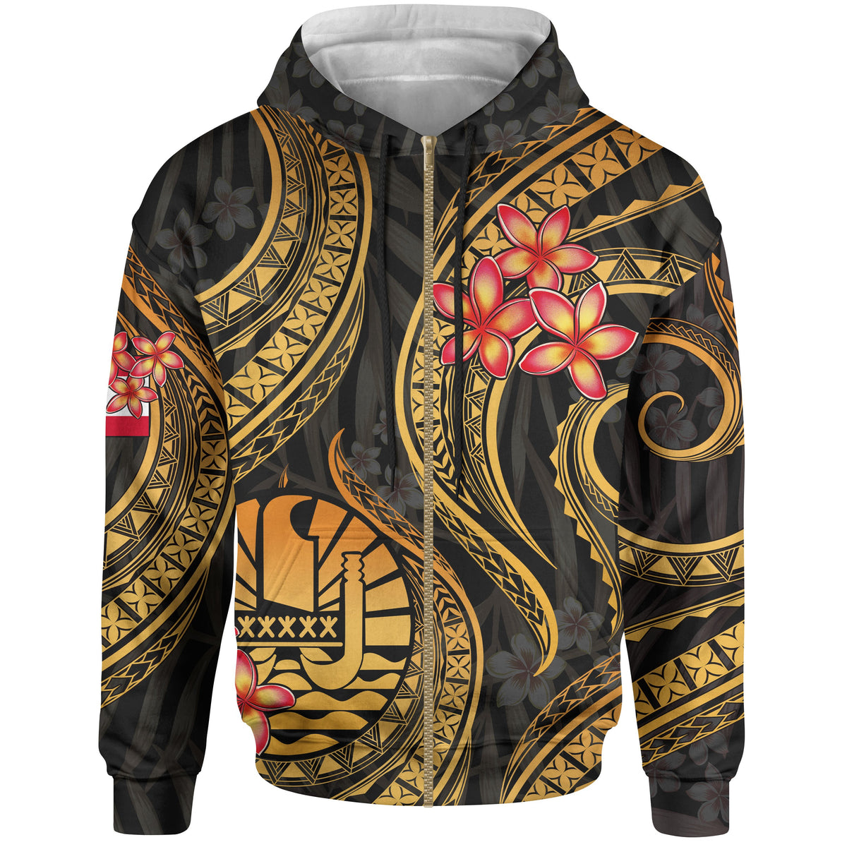 Tahiti Polynesian Zip up Hoodie Gold Plumeria Unisex GOLD - Polynesian Pride