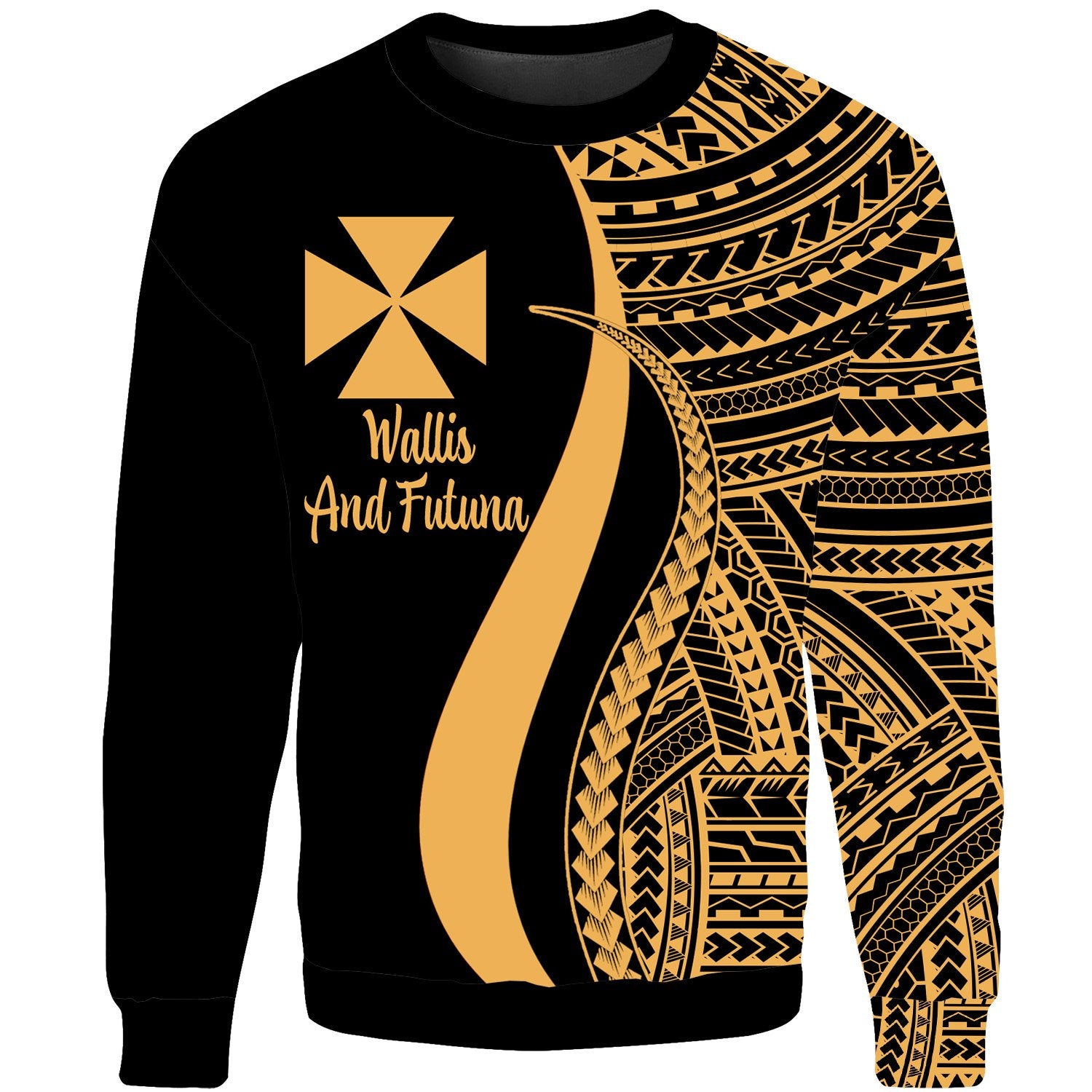 Wallis And Futuna Sweatshirt - Gold Polynesian Tentacle Tribal Pattern Unisex Gold - Polynesian Pride