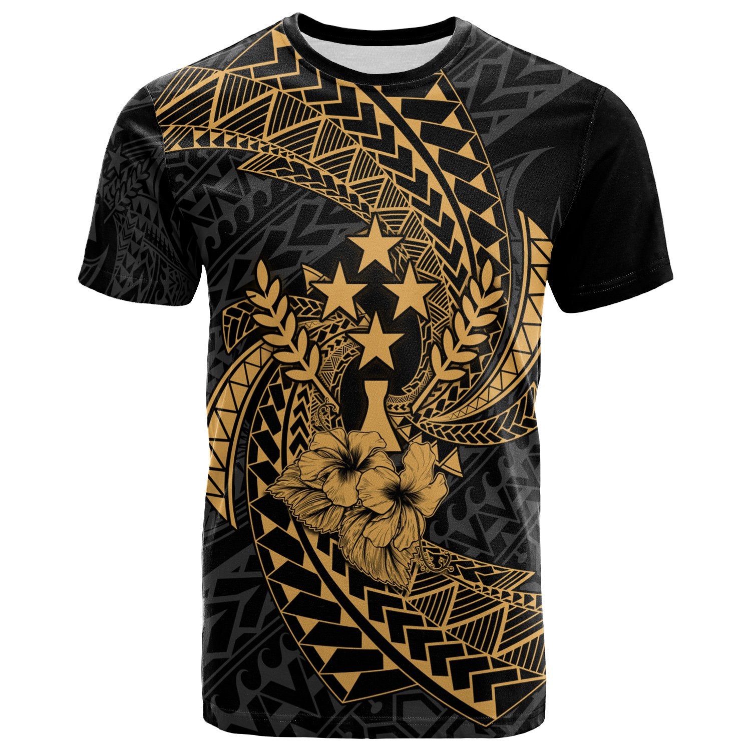 Kosrae Micronesian T Shirt Gold Spiral Pattern Hibiscus Unisex GOLD - Polynesian Pride