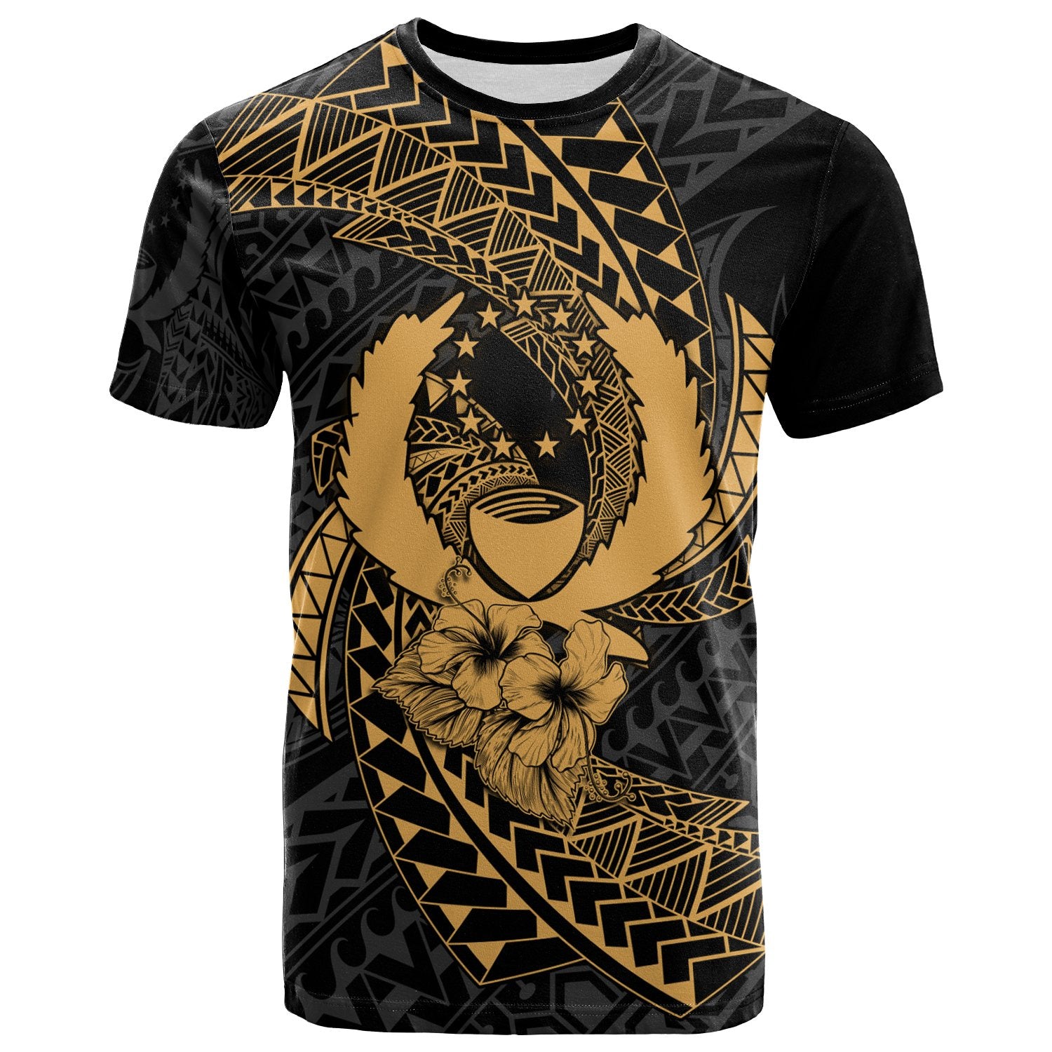 Pohnpei Micronesian T Shirt Gold Spiral Pattern Hibiscus Unisex GOLD - Polynesian Pride