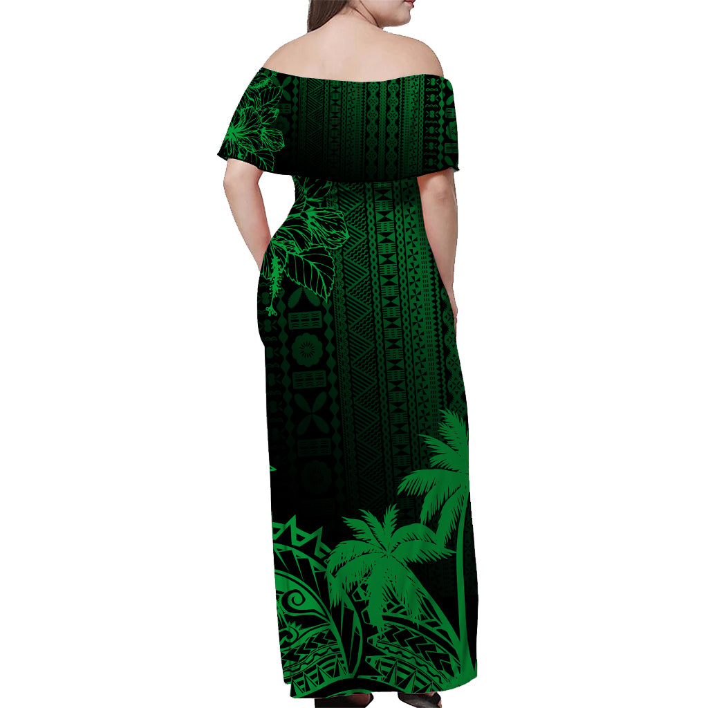 Fiji Tapa On The Waves Off Shoulder Long Dress Emerald LT7 - Polynesian Pride