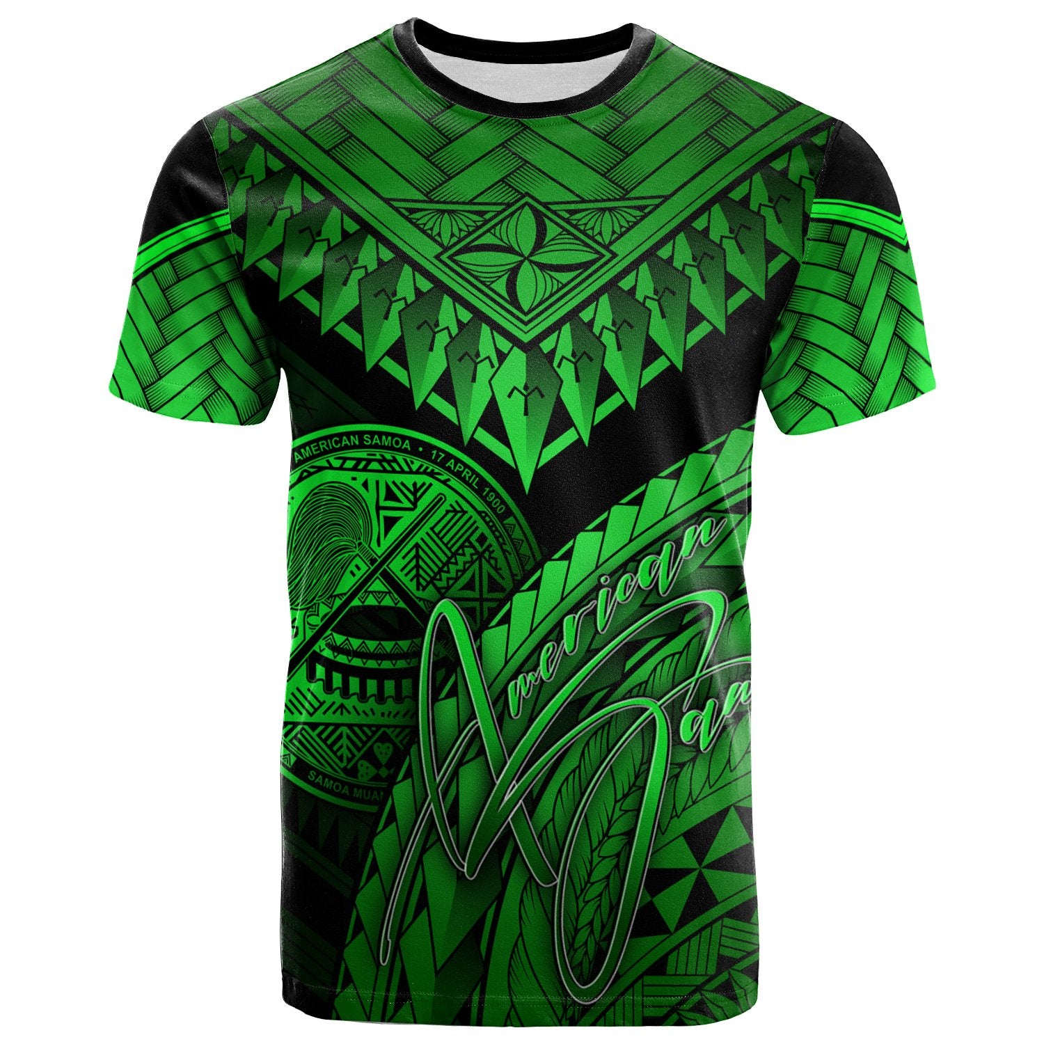 American Samoa T Shirt Green Polynesian Necklace and Lauhala Unisex Art - Polynesian Pride