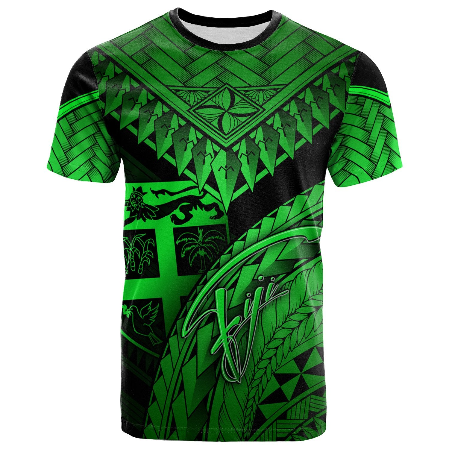 Fiji T Shirt Green Polynesian Necklace and Lauhala Unisex Art - Polynesian Pride