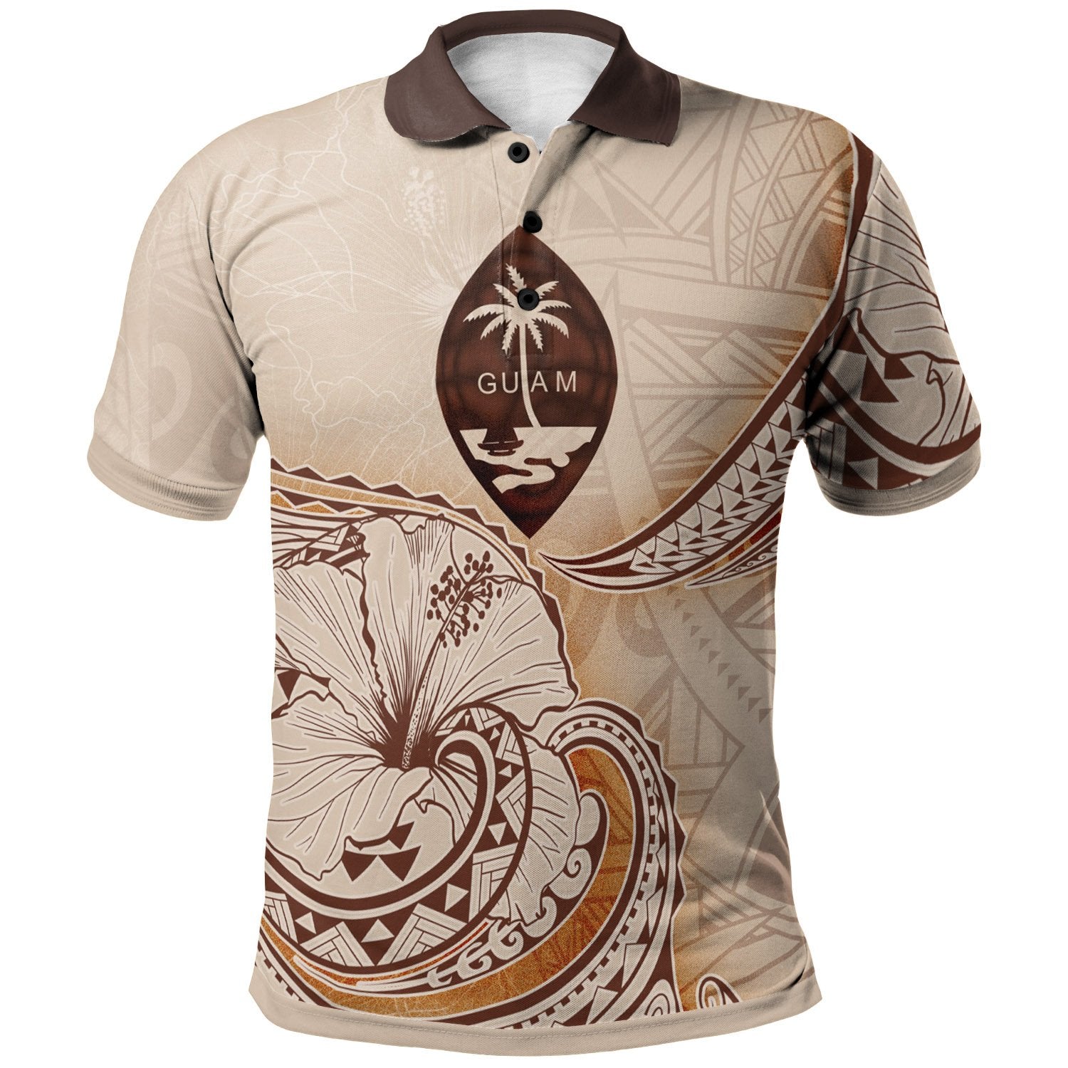 Guam Polo Shirt Hibiscus Flowers Vintage Style Unisex Nude - Polynesian Pride