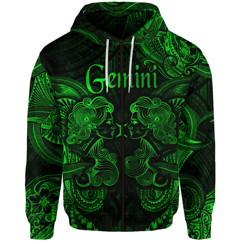 Custom Gemini Zodiac Polynesian Zip Hoodie Unique Style Green LT8 - Polynesian Pride