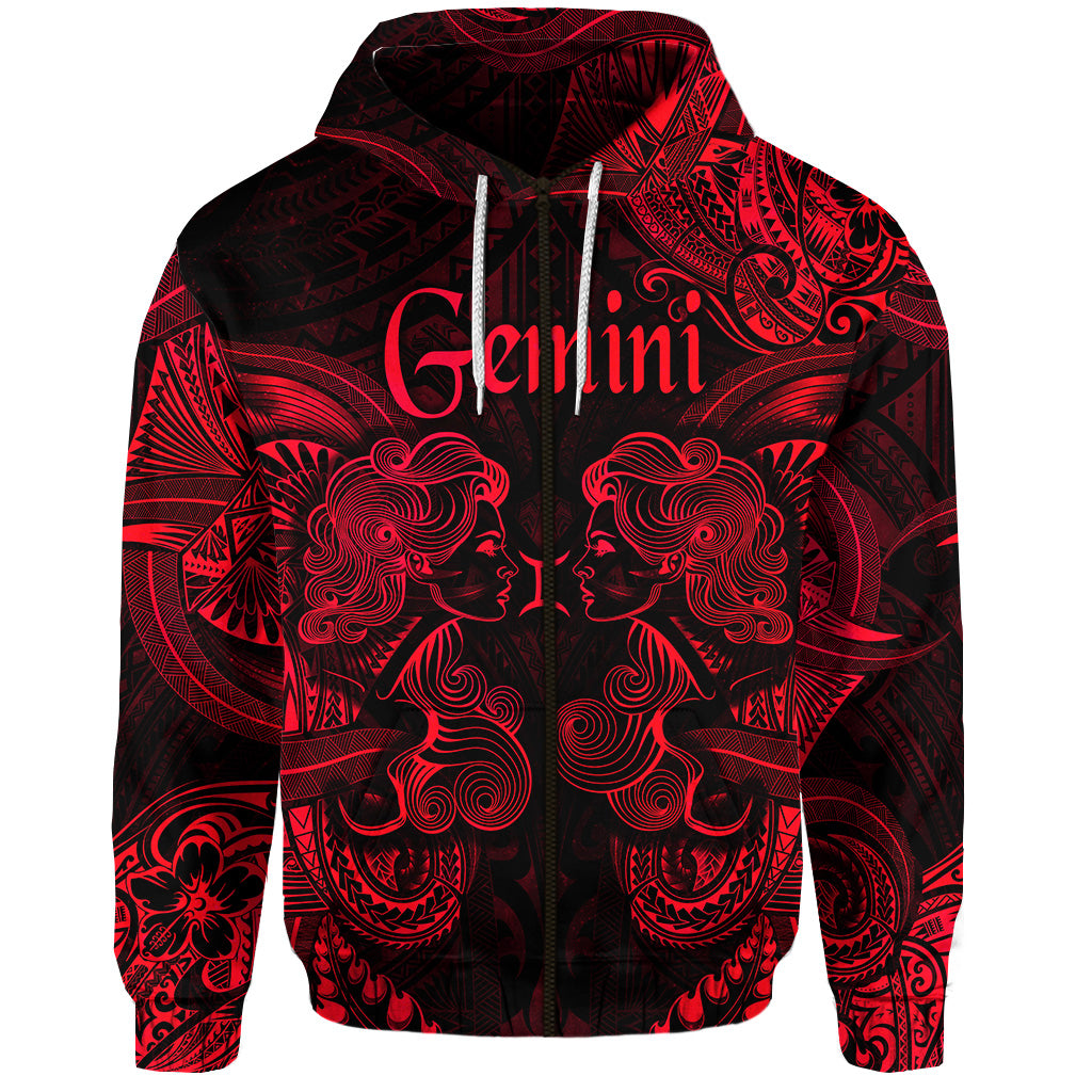 Custom Gemini Zodiac Polynesian Zip Hoodie Unique Style Red LT8 - Polynesian Pride