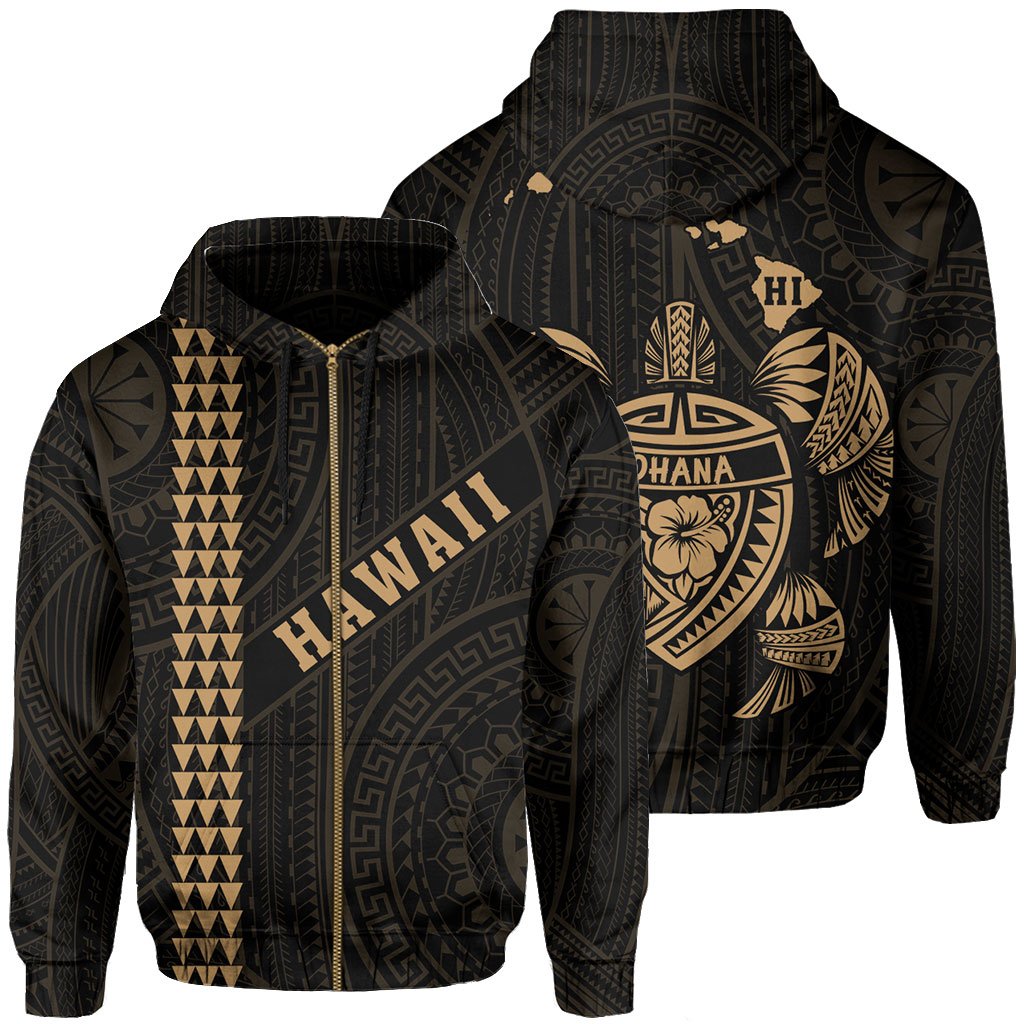 Polynesian Kakau Turtle Ohana Map of Hawaii Zip Hoodie Gold Unisex Gold - Polynesian Pride