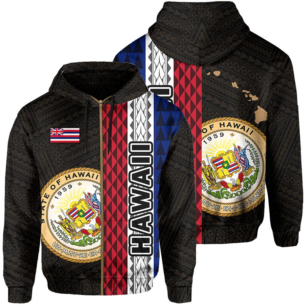 Polynesian Kakau Hawaii Flag Seal of Hawaii Zip Hoodie Gold Unisex Gold - Polynesian Pride