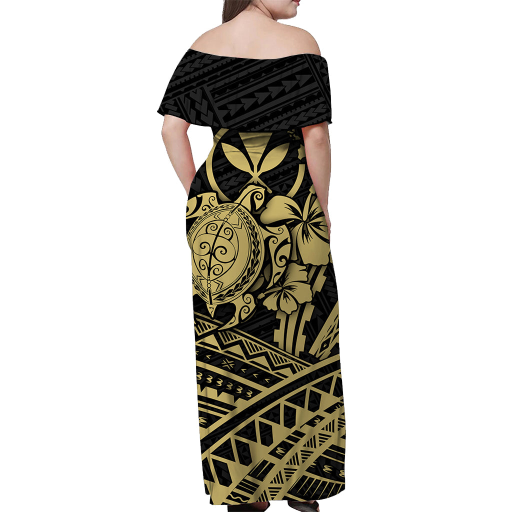 Hawaii Turtle With Hibiscus Tribal Off Shoulder Dress Gold - LT12 - Polynesian Pride