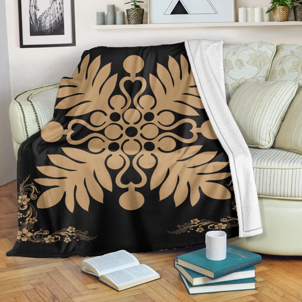 Hawaiian Quilt Maui Plant And Hibiscus Premium Blanket - Gold Black - AH White - Polynesian Pride