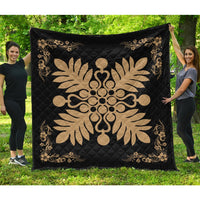 Hawaiian Quilt Maui Plant And Hibiscus Premium Quilt - Gold Black - AH Gold - Polynesian Pride