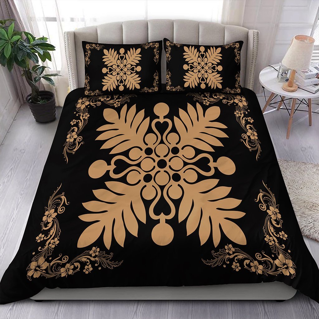 Hawaiian Quilt Maui Plant And Hibiscus Pattern Bedding Set - Gold Black - AH Gold - Polynesian Pride