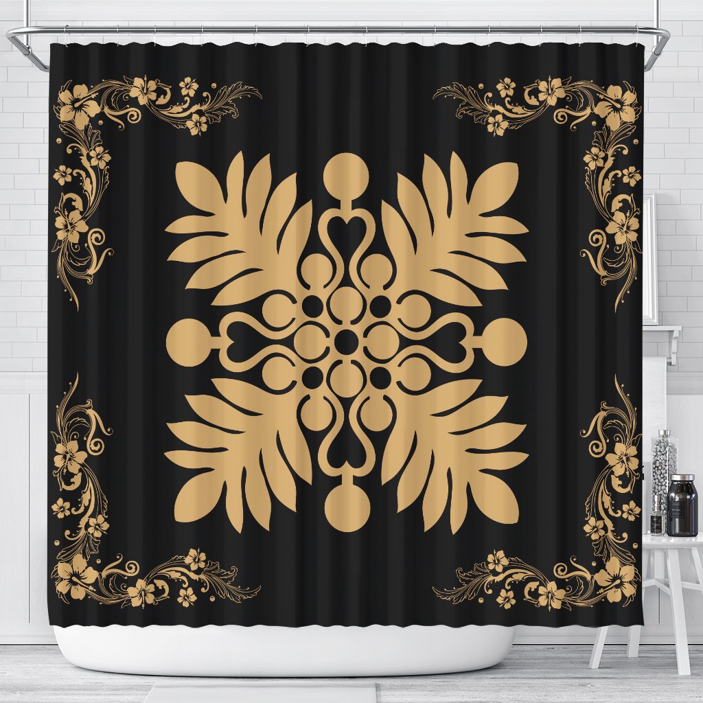 Hawaiian Quilt Maui Plant And Hibiscus Shower Curtain - Gold Black - AH 177 x 172 (cm) Gold - Polynesian Pride