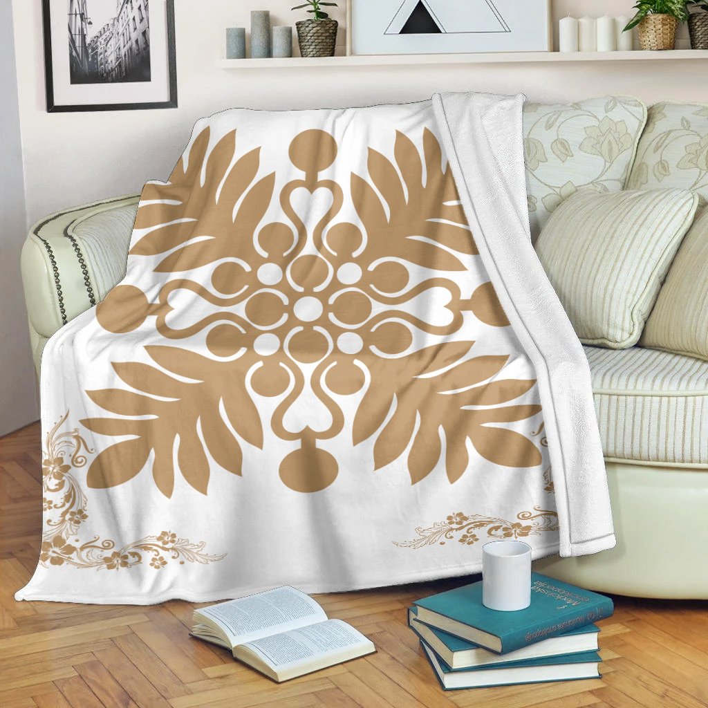 Hawaiian Quilt Maui Plant And Hibiscus Premium Blanket - Gold White - AH White - Polynesian Pride