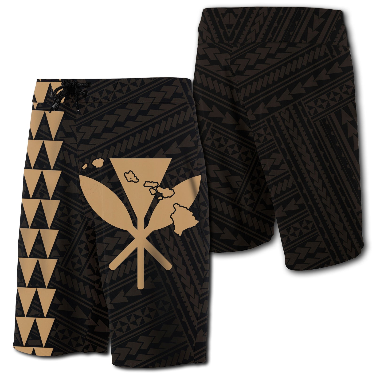 Hawaii Kakau Polynesian Kanaka Map Board Shorts - Gold Men Gold - Polynesian Pride