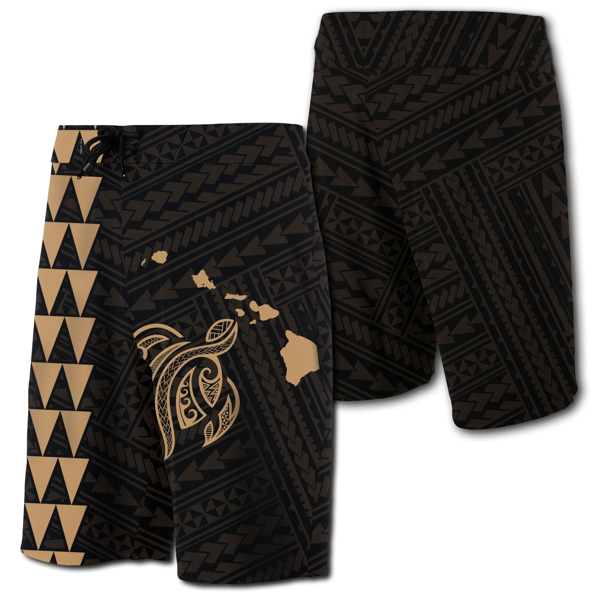 Hawaii Kakau Polynesian Turtle Map Board Shorts - Gold Men Gold - Polynesian Pride