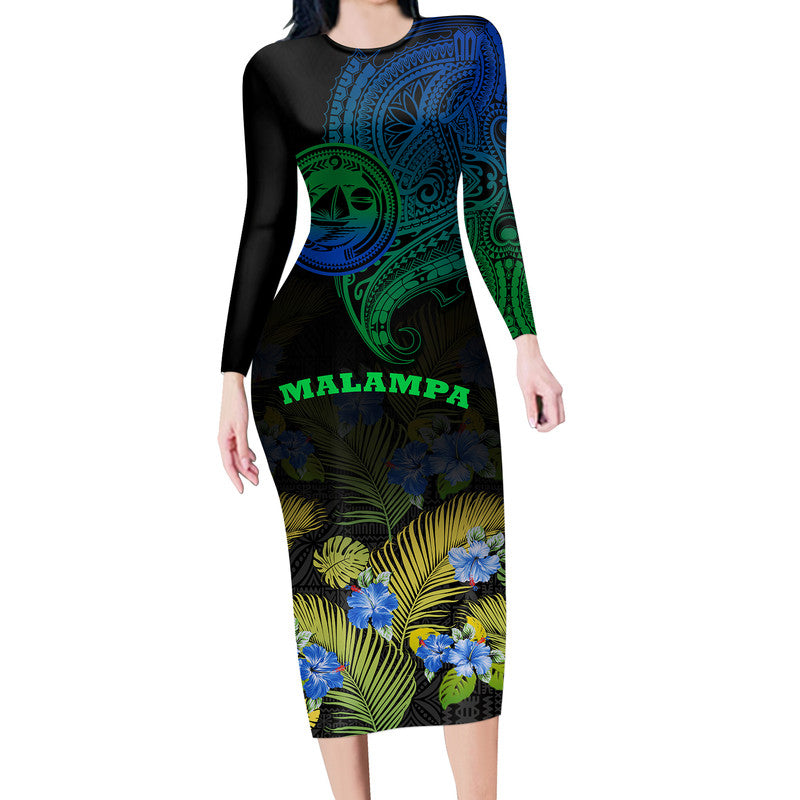 Vanuatu Malampa Province Long Sleeve Dress Hibiscus Tribal Polynesian Tattoo Ver Gradient LT9 Polyester/spandex Gradient - Polynesian Pride