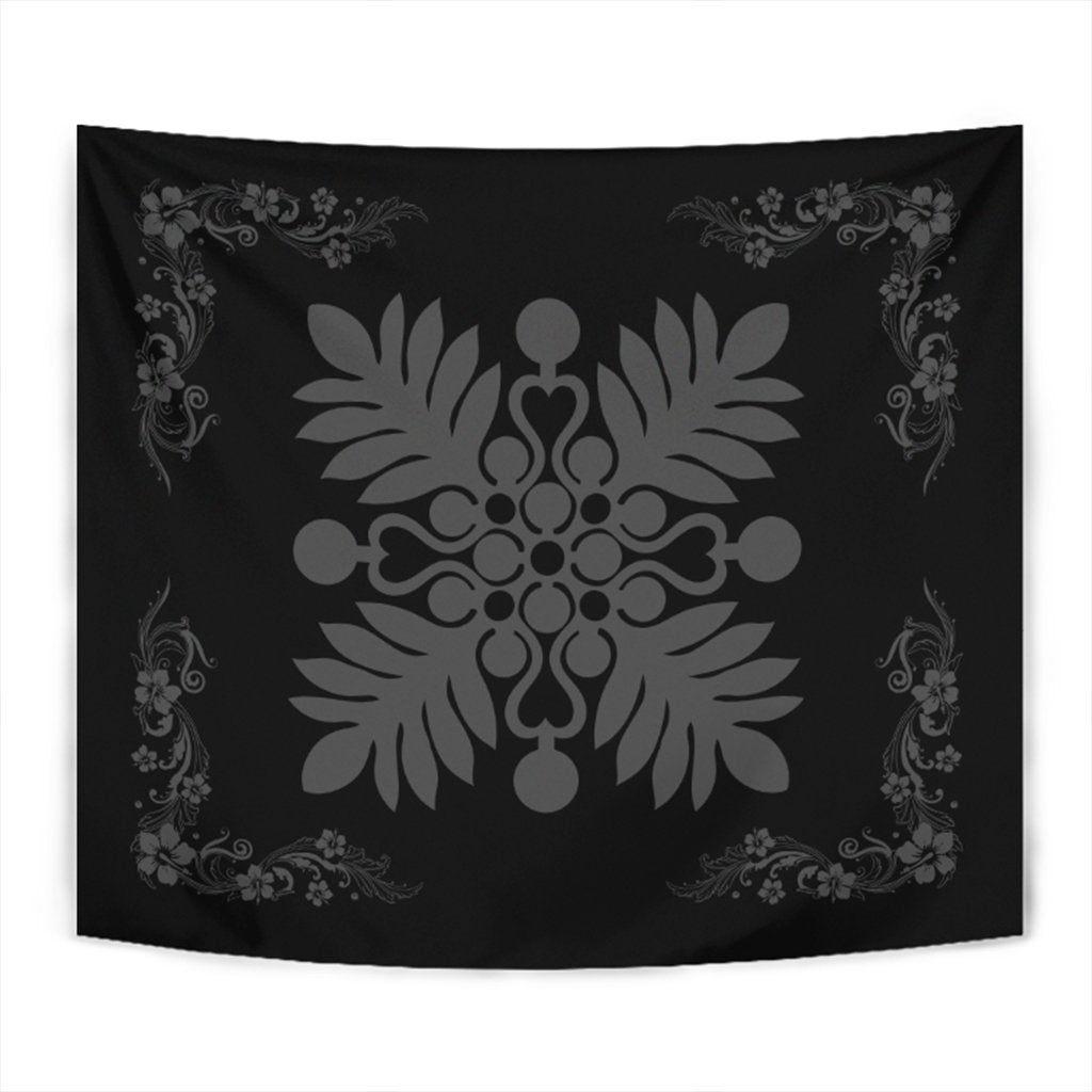 Hawaiian Quilt Maui Plant And Hibiscus Tappestry - Gray Black - AH Wall Tapestry Gray - Polynesian Pride