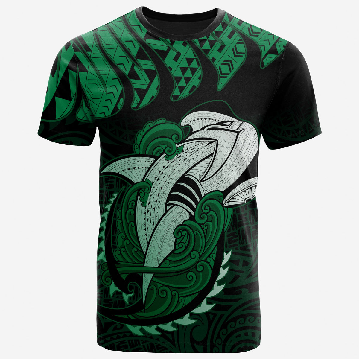 Hawaii Polynesian Aumakua Hammerhead Shark T Shirt Cloud Style Green - Polynesian Pride