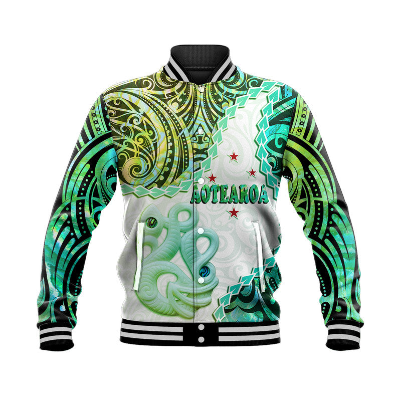 New Zealand Maori Baseball Jacket Aotearoa Manaia Green Paua Shell - Heare Ra LT9 Unisex Green - Polynesian Pride