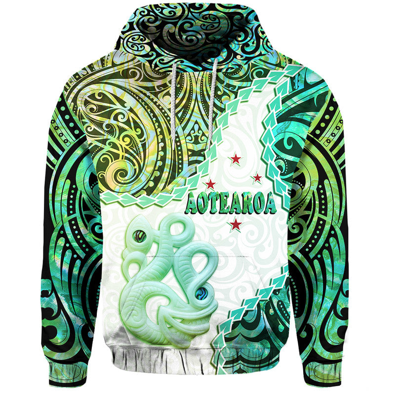 Custom New Zealand Maori Hoodie Aotearoa Manaia Green Paua Shell LT9 Pullover Hoodie Green - Polynesian Pride