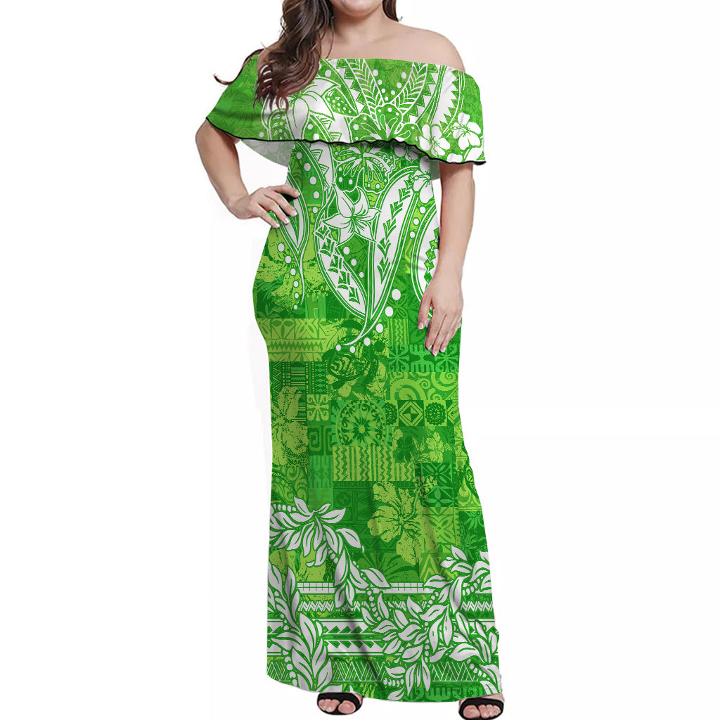 Polynesian Off Shoulder Long Dress Tapa Plumeria Style - Green LT7 Women Green - Polynesian Pride